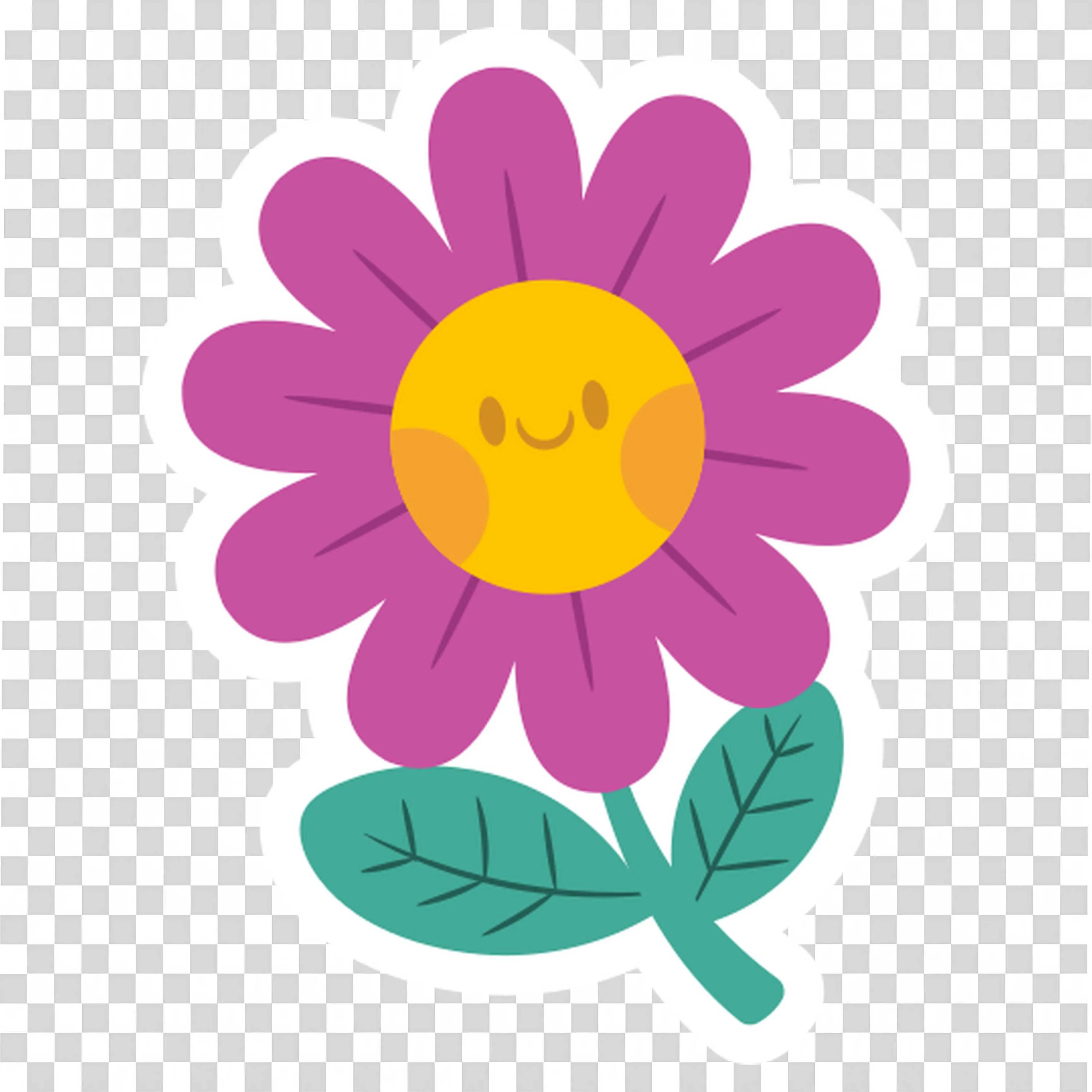 Purple and Yellow Cartoon Flower with Green Stem PNG