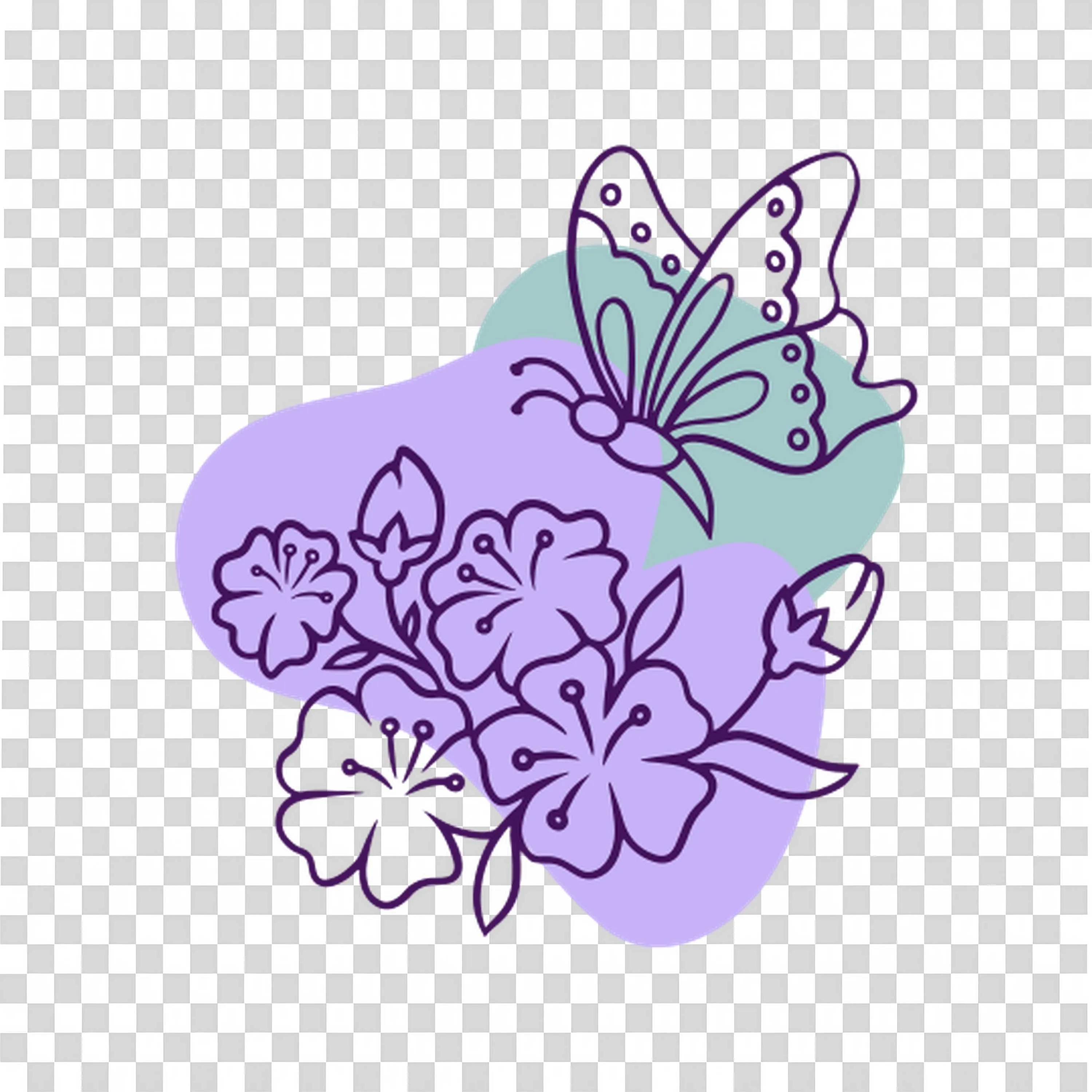 Purple Flower Bouquet with Butterfly Illustration PNG
