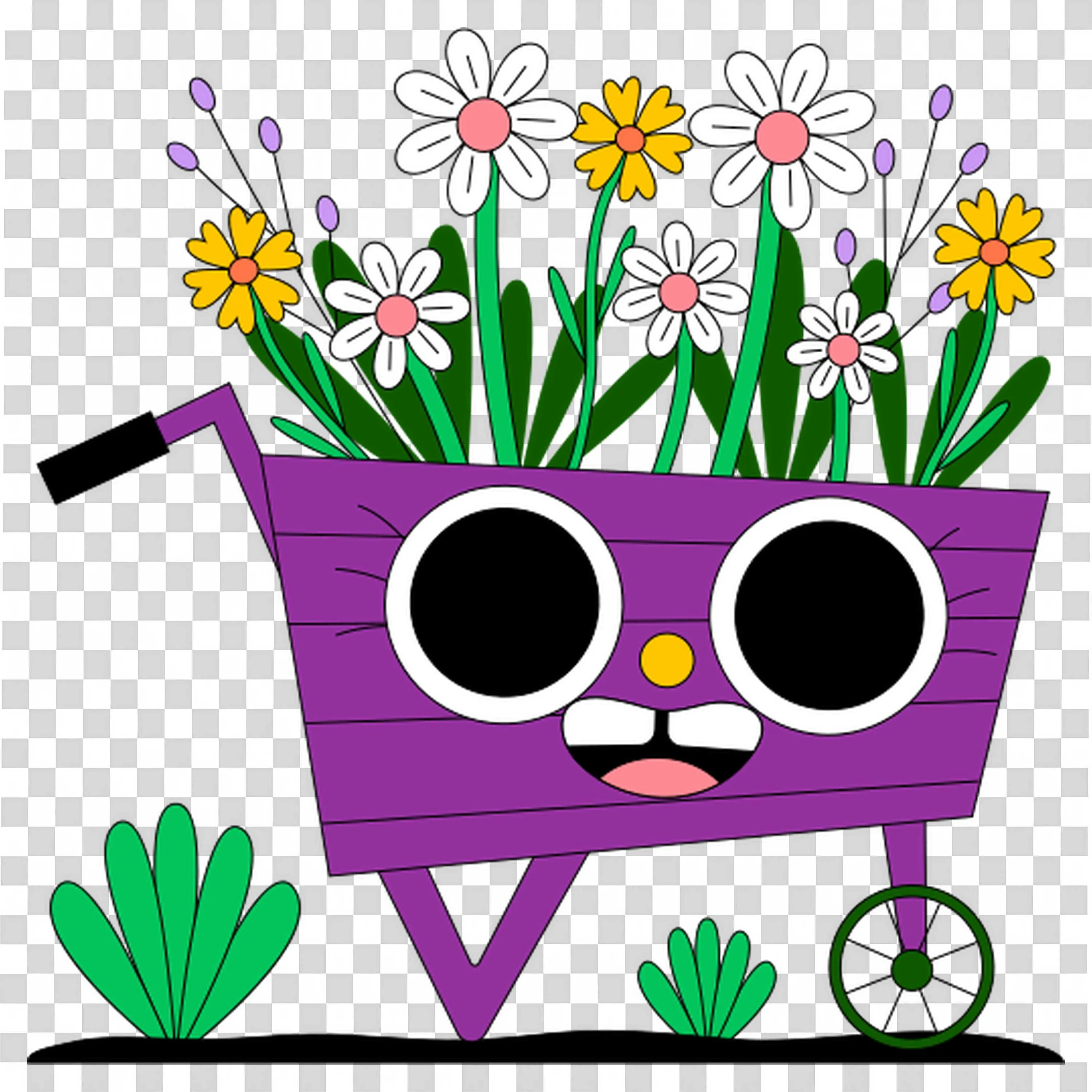 Purple Flower Cart with Happy Eyes and Daisy Blooms