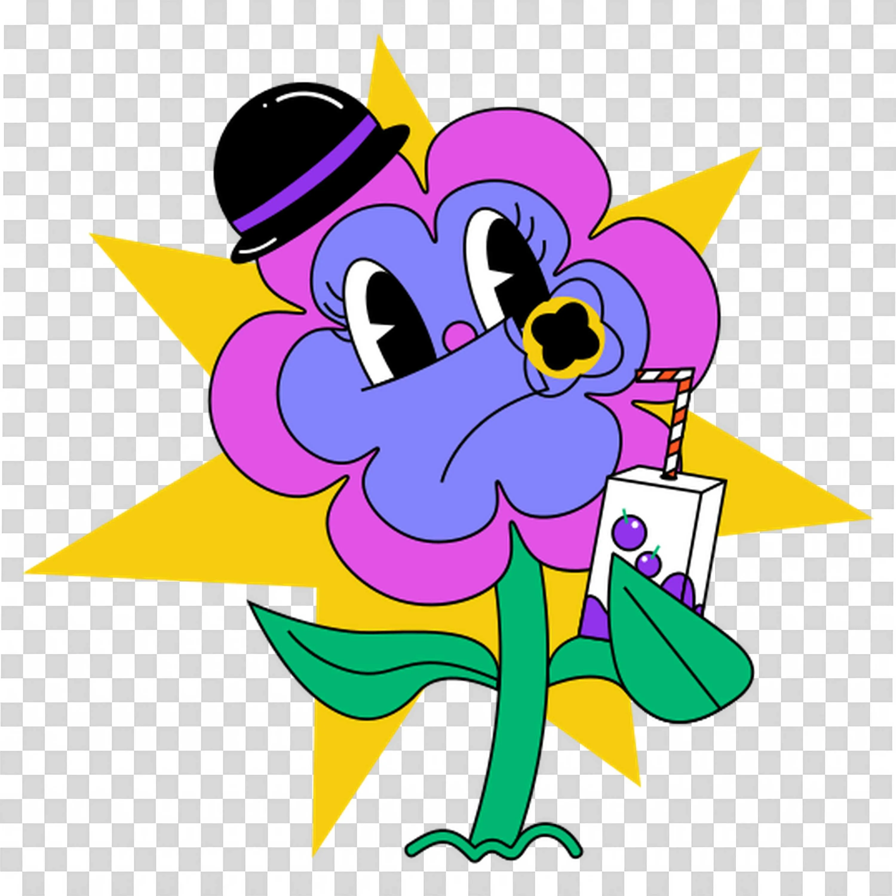 Purple Flower Character with Sunglasses and Star Background