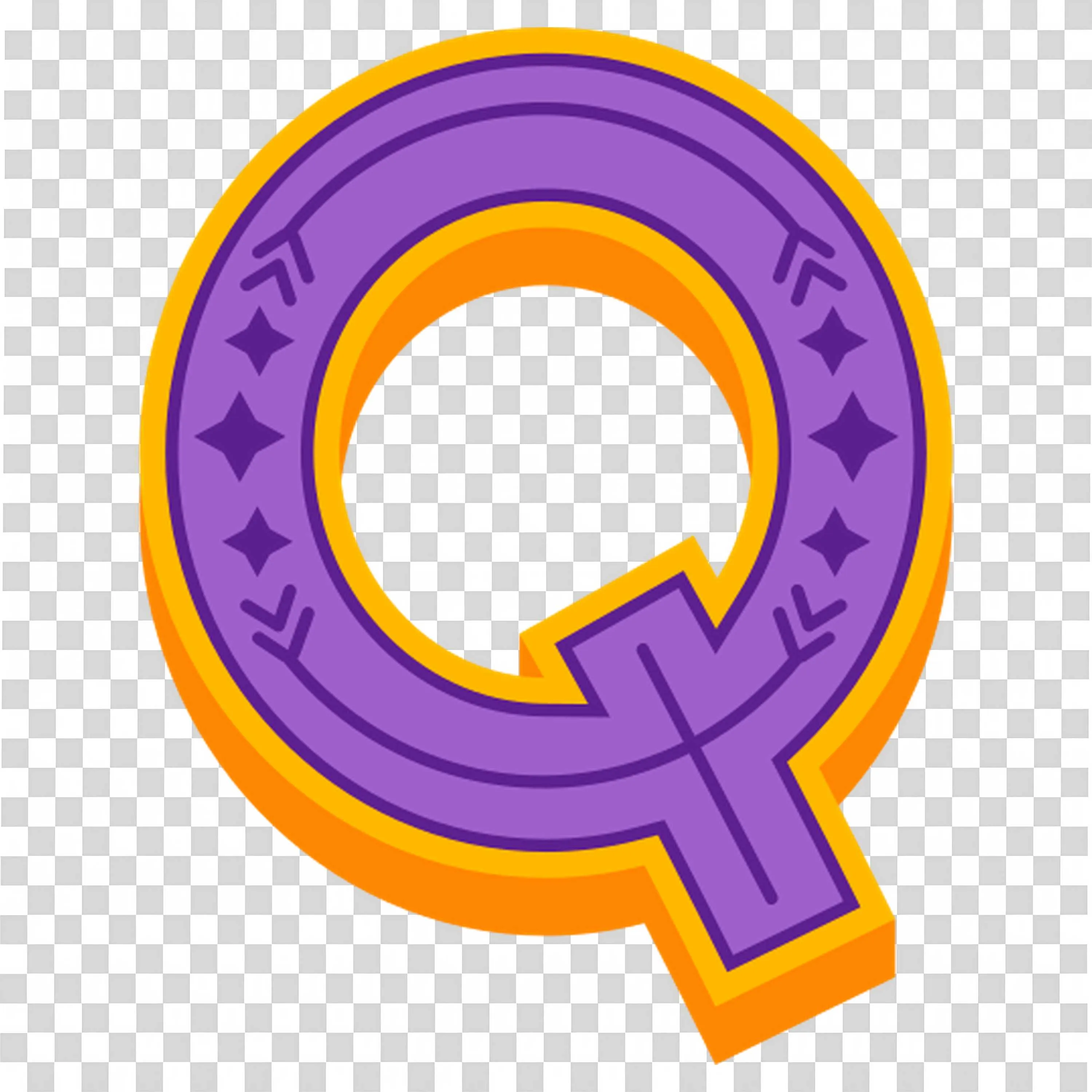 Purple Letter Q Surrounded By Light Ring and Sparkly Symbols