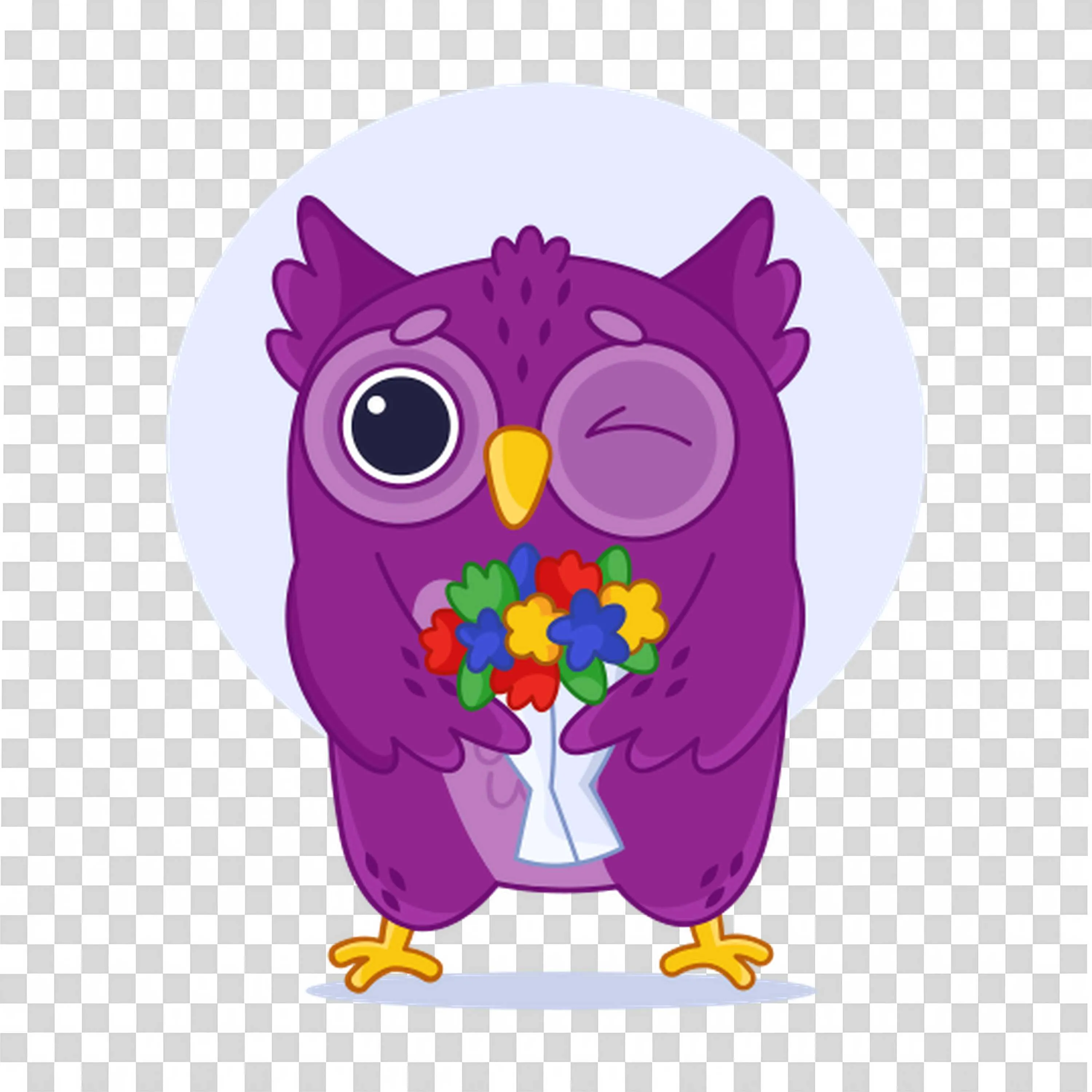 Purple Owl Winking and Holding a Mixed Flower Set Free PNG