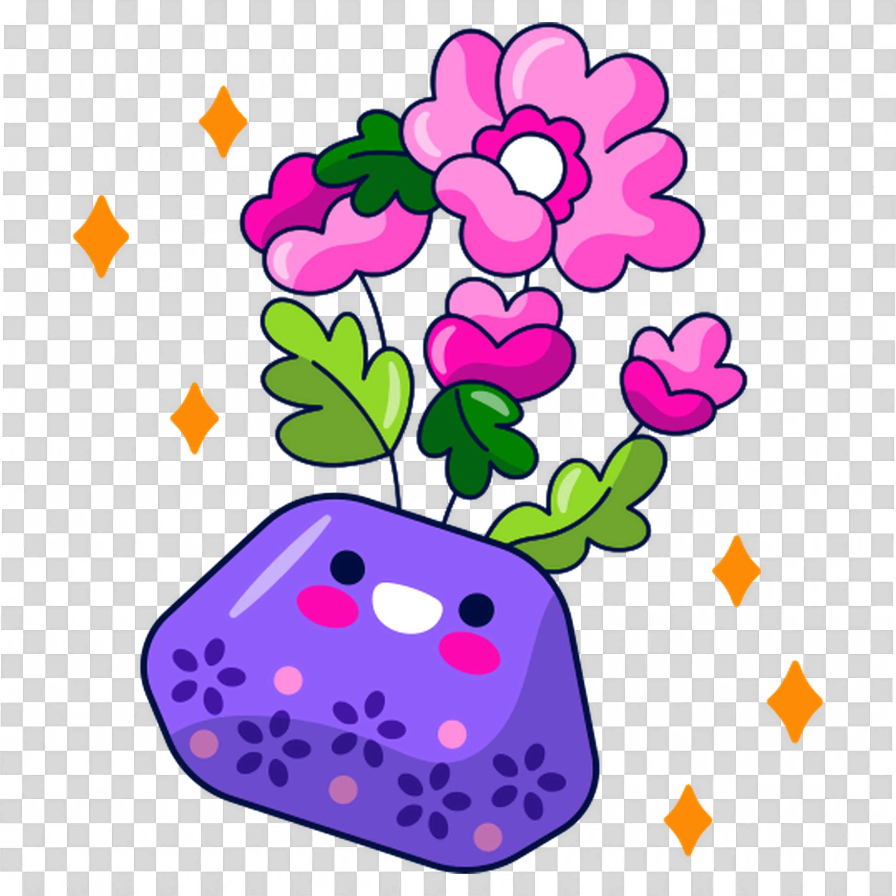 Purple Rock with Blooming Pink Flowers and Sparkles