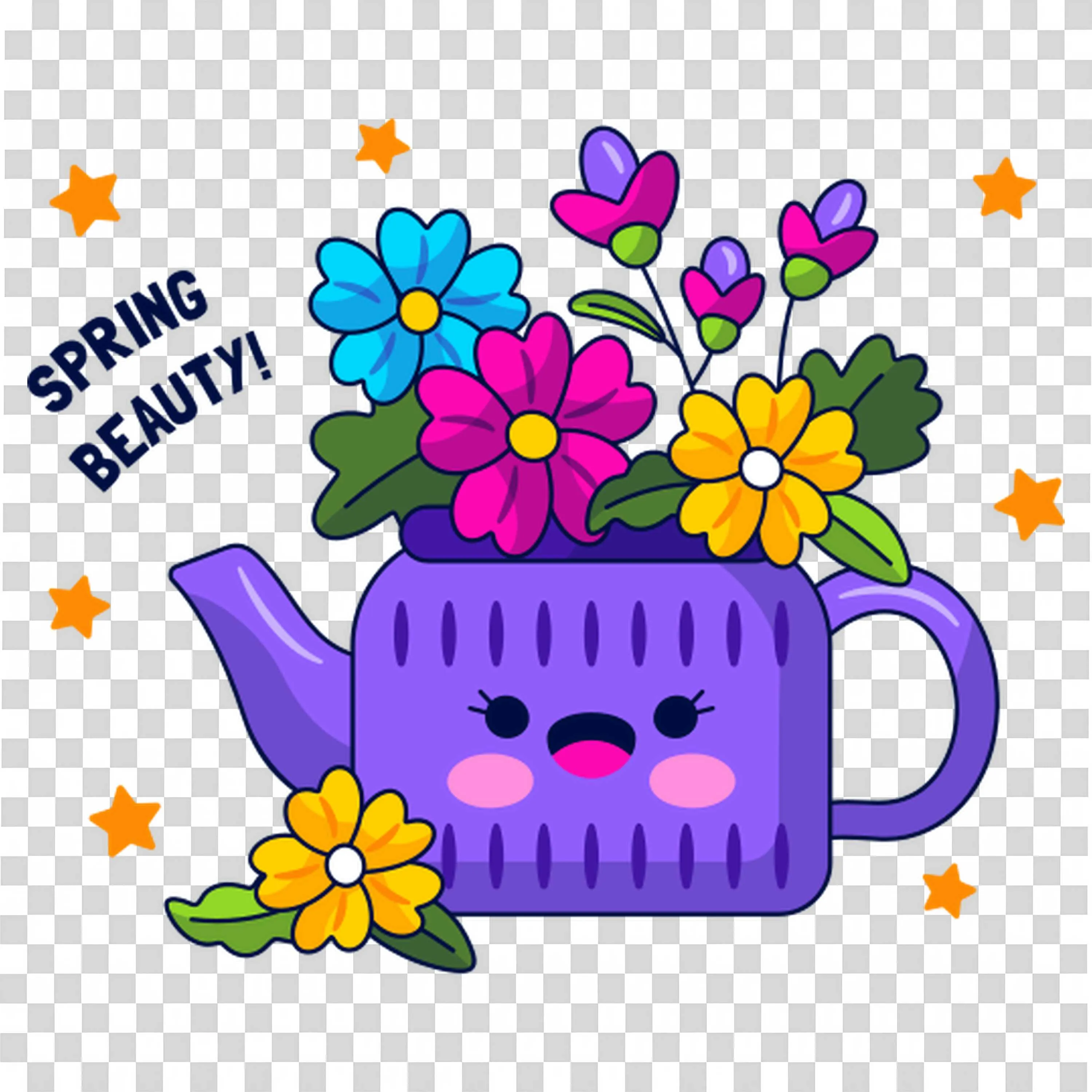 Purple Watering Can Filled with Colorful Spring Flowers