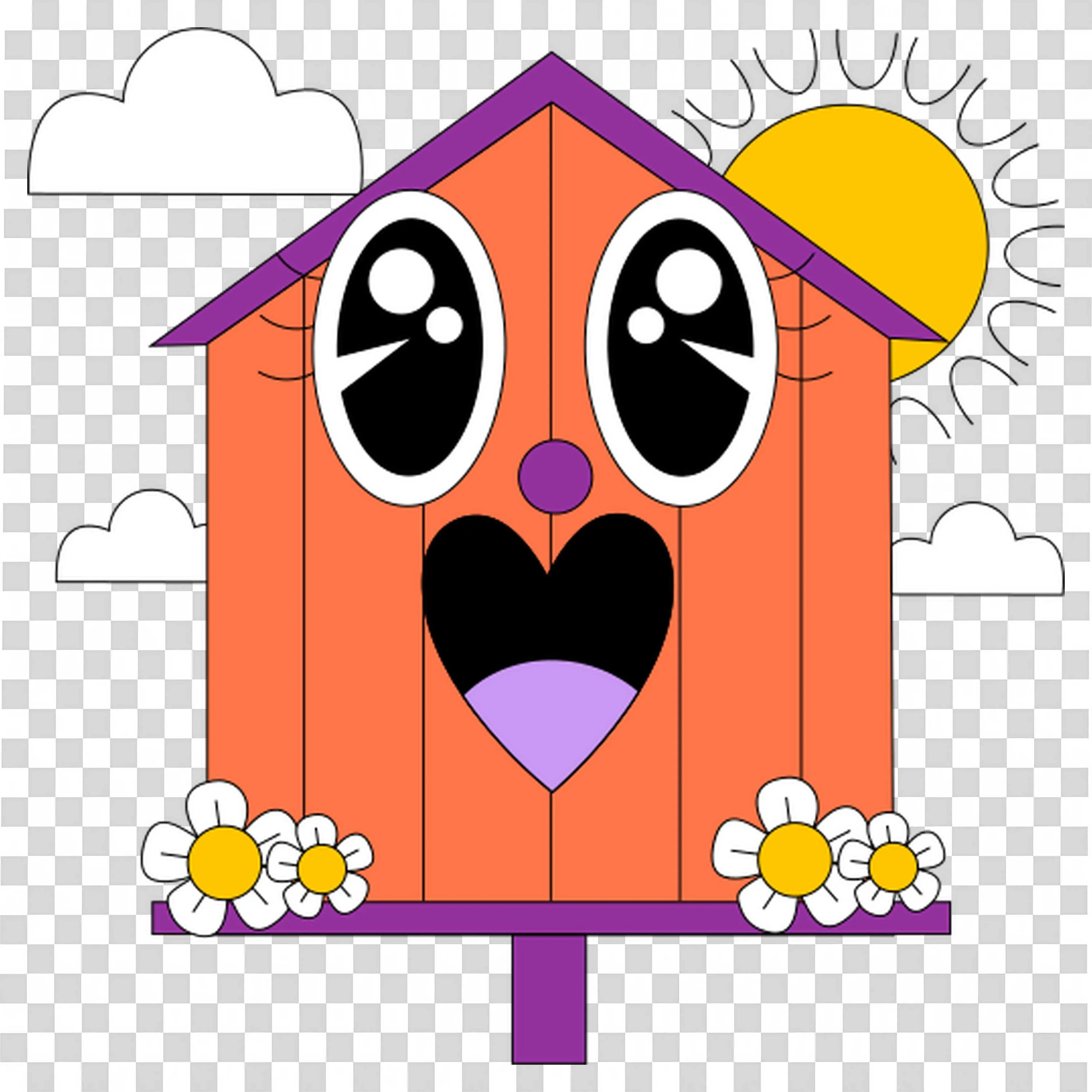Red Birdhouse Flowers and Happy Face with Sun and Clouds