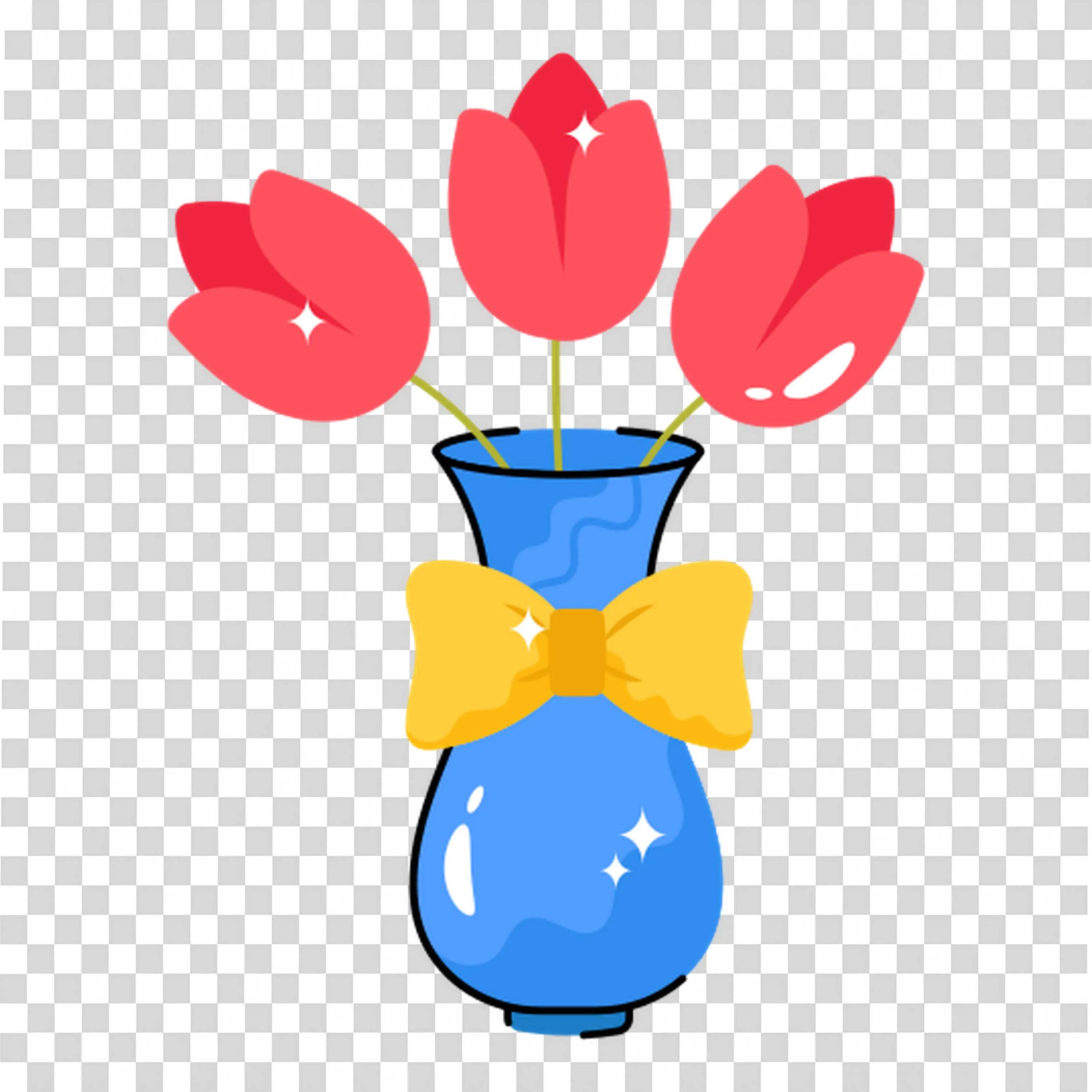 Red Tulip Flowers Arranged in a Blue Vase with Ribbon