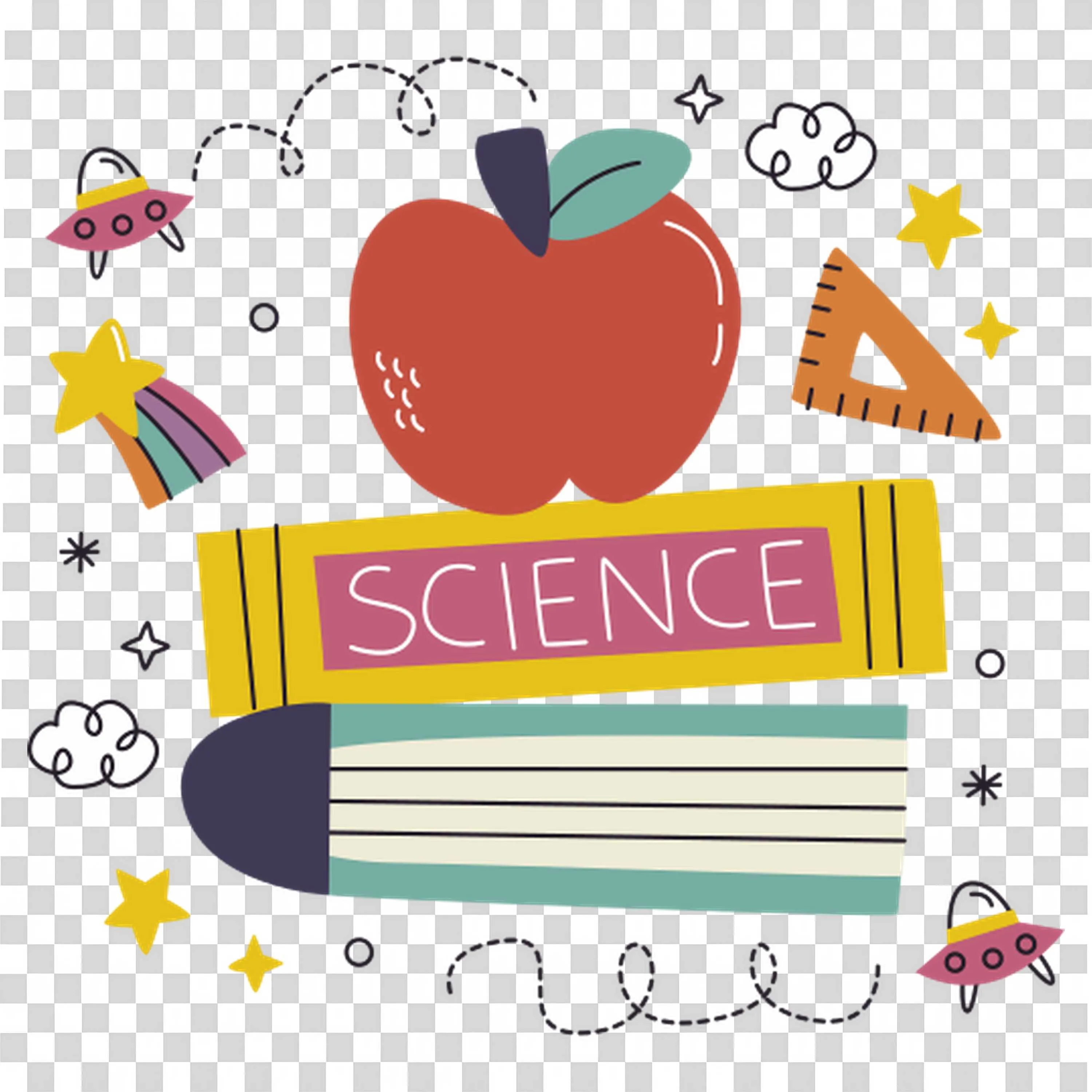 School Board with Science Book and Red Apple in Front