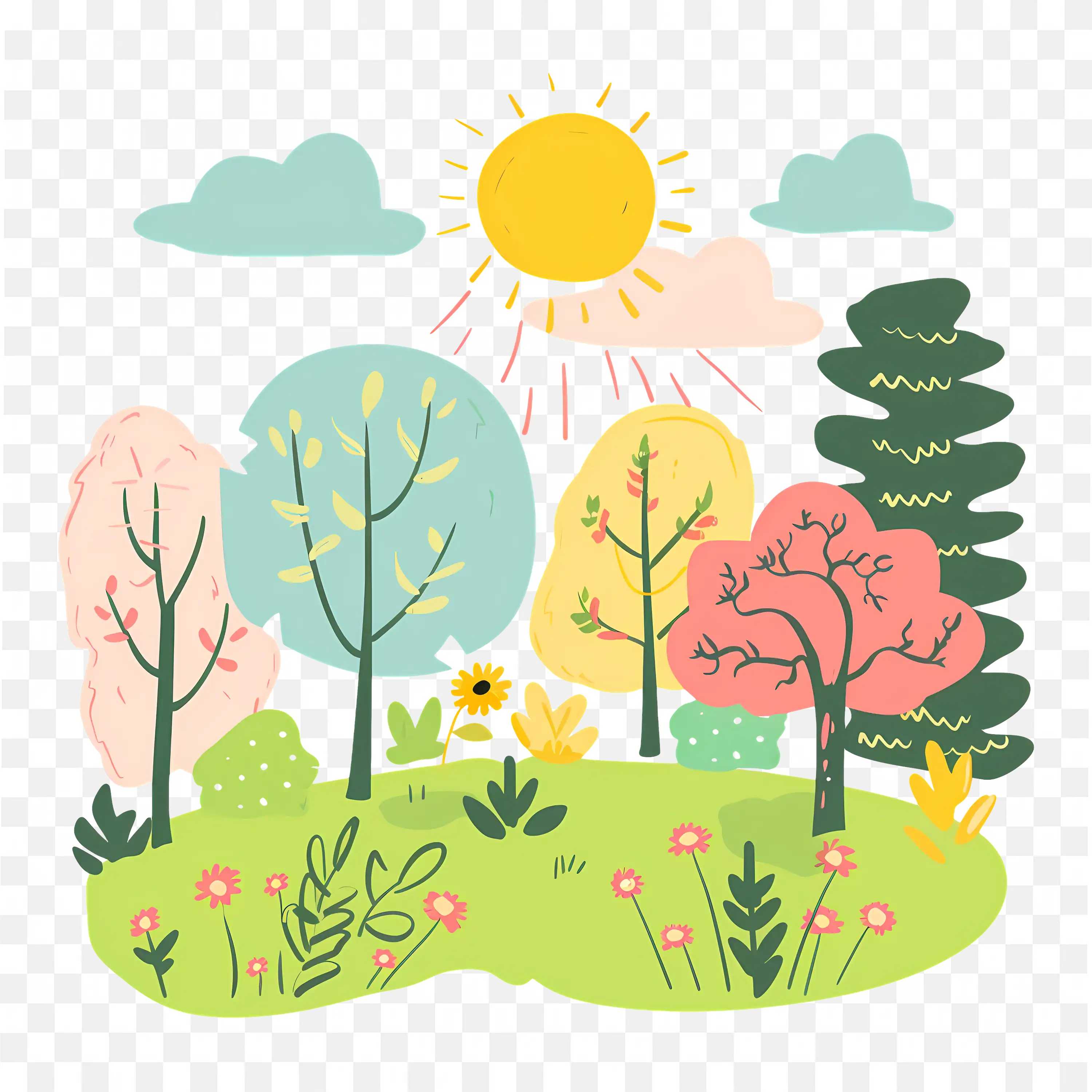 Seasons PNG Stylized Trees in Springtime Landscape Art