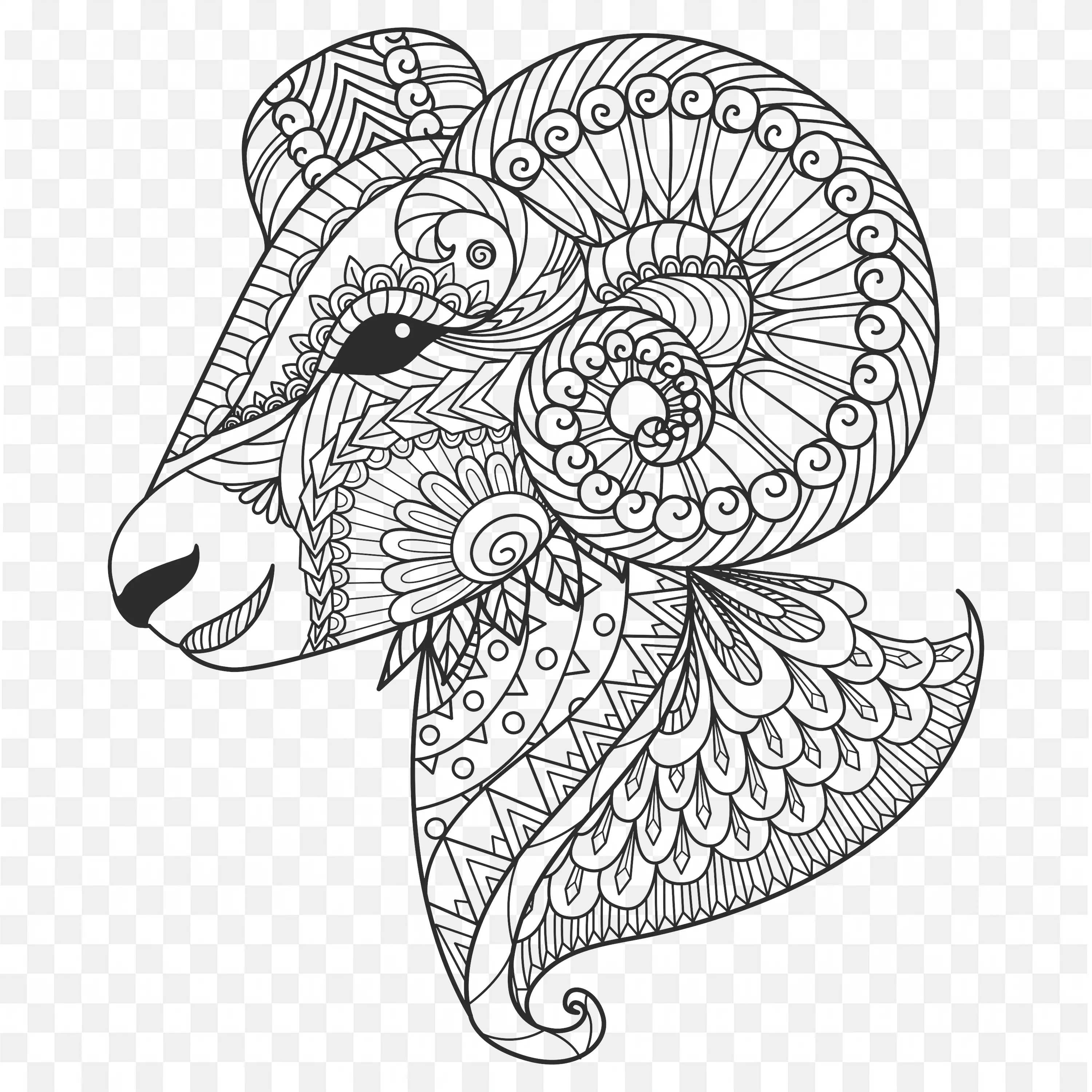 Sheep Head Coloring Page Detailed Vector Art for Adults PNG