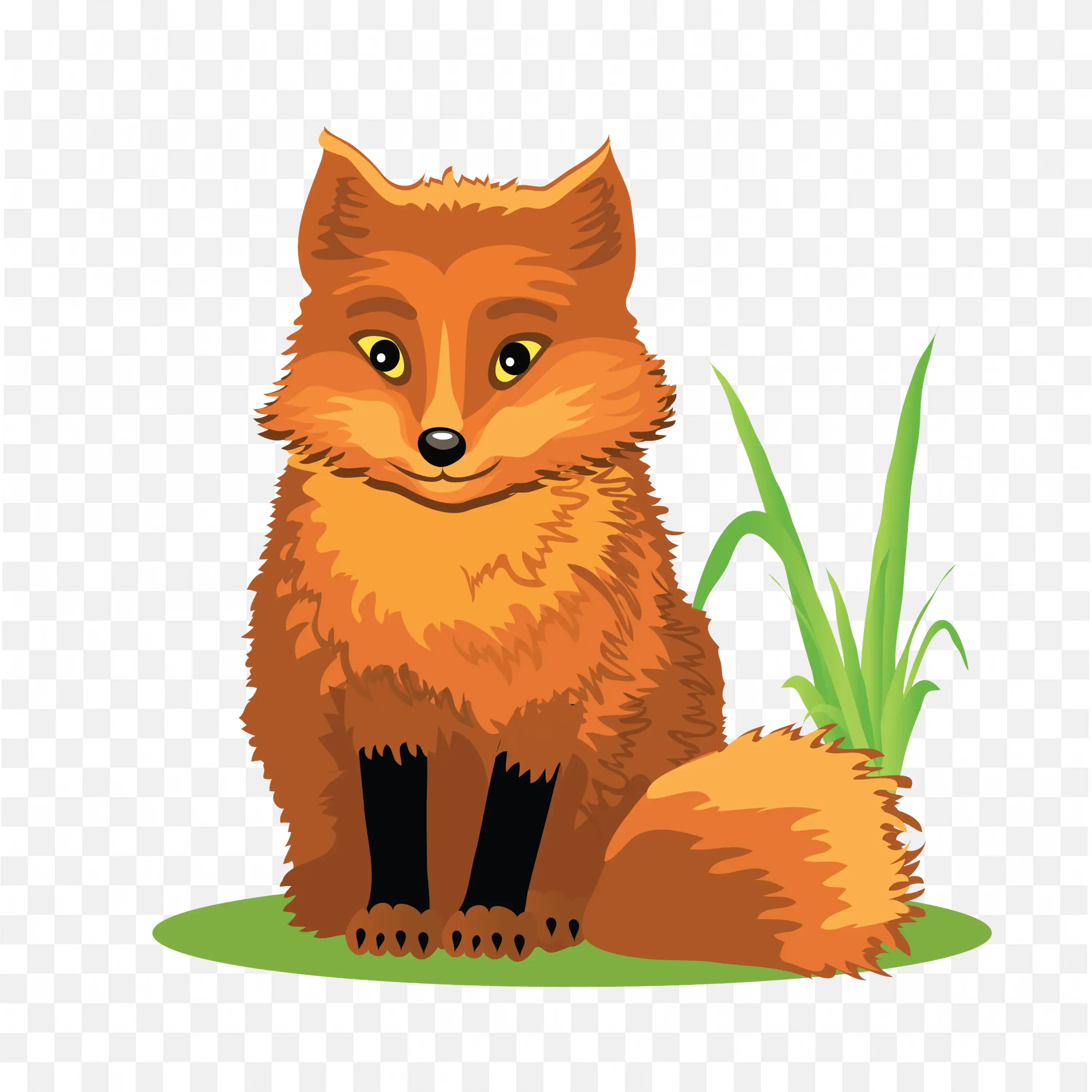 Sitting Fox PNG Cute Cartoon Red Fox with Grass Clipart