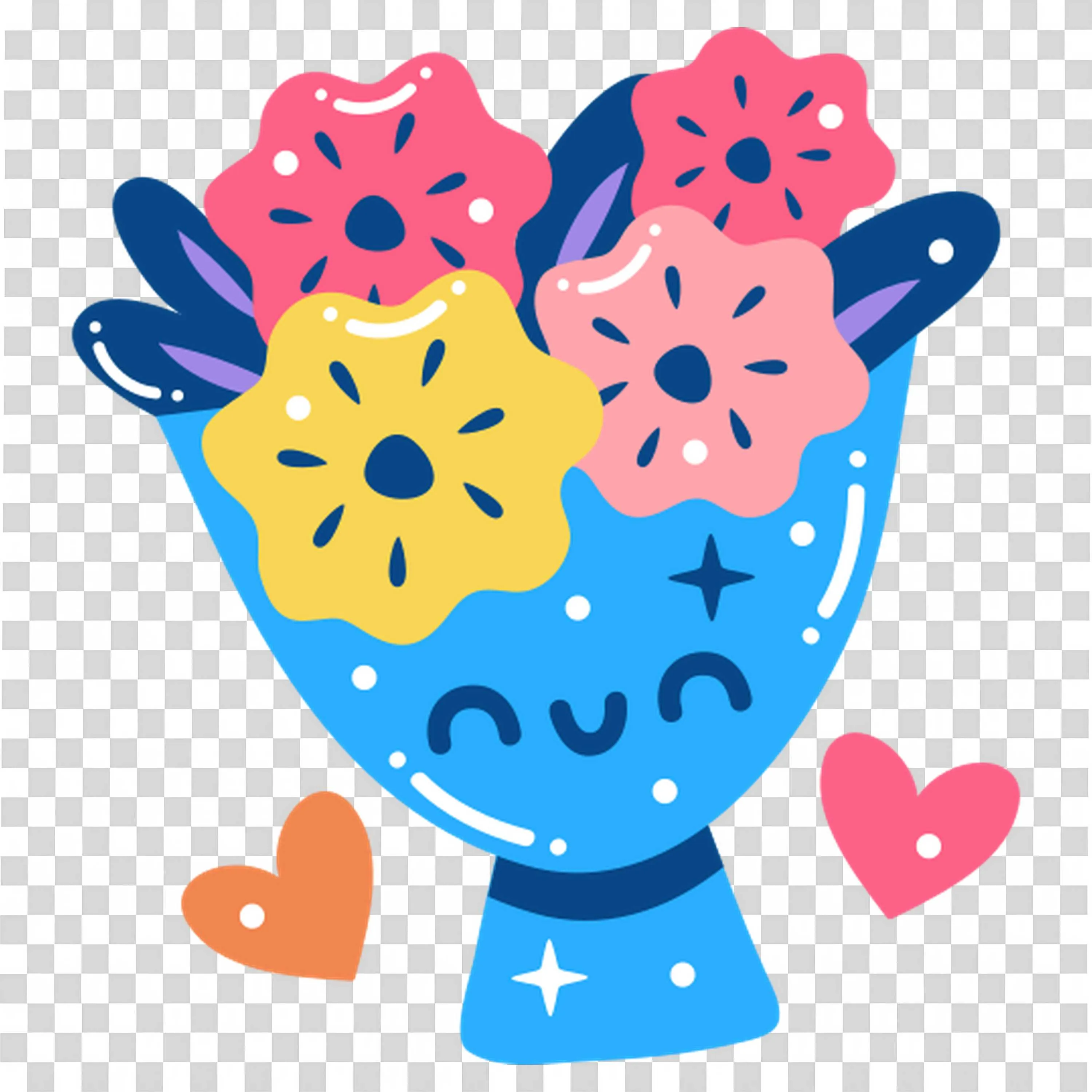 Smiling Blue Bouquet with Hearts and Flowers Hd PNG