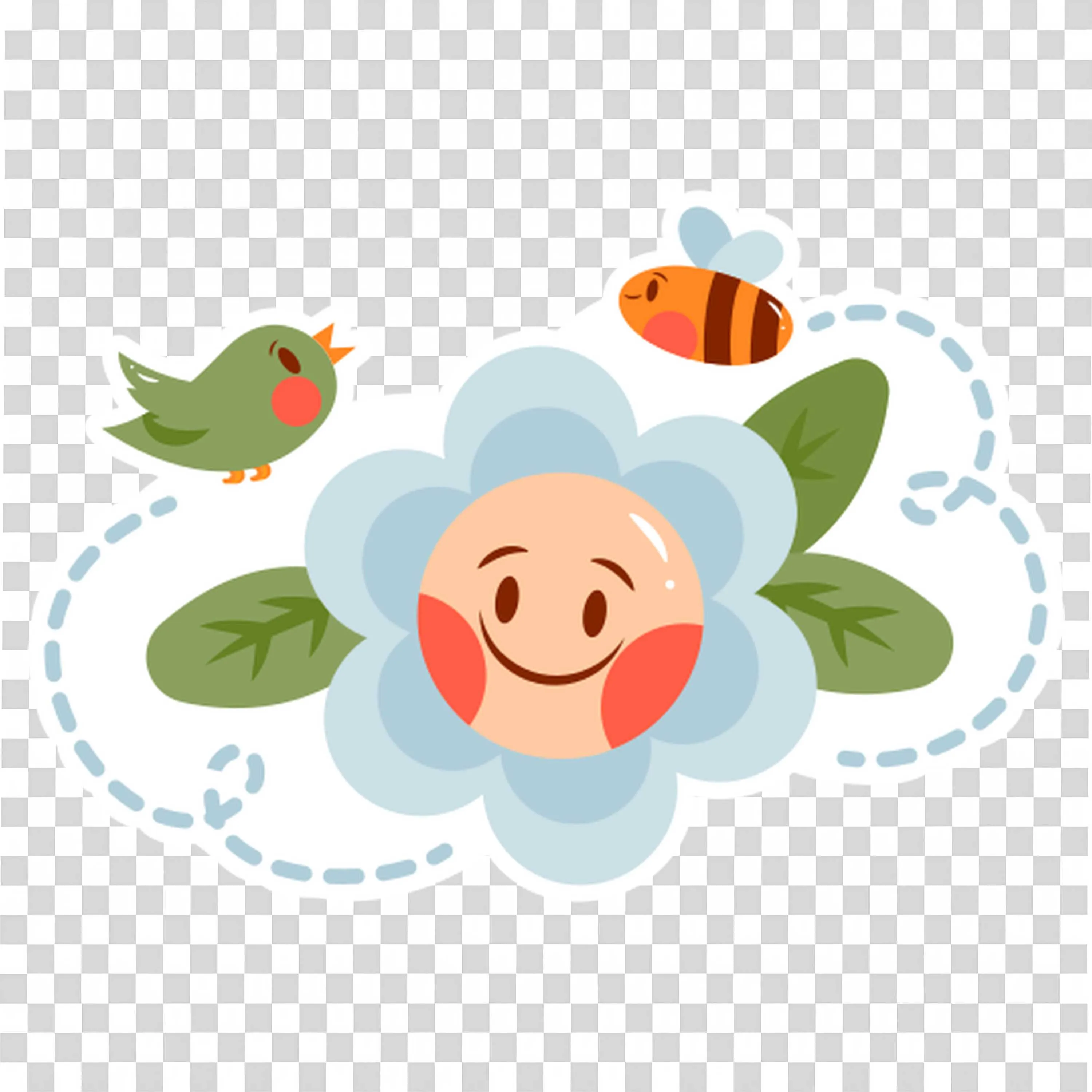 Smiling Blue Flower with Bee and Happy Bird Friends