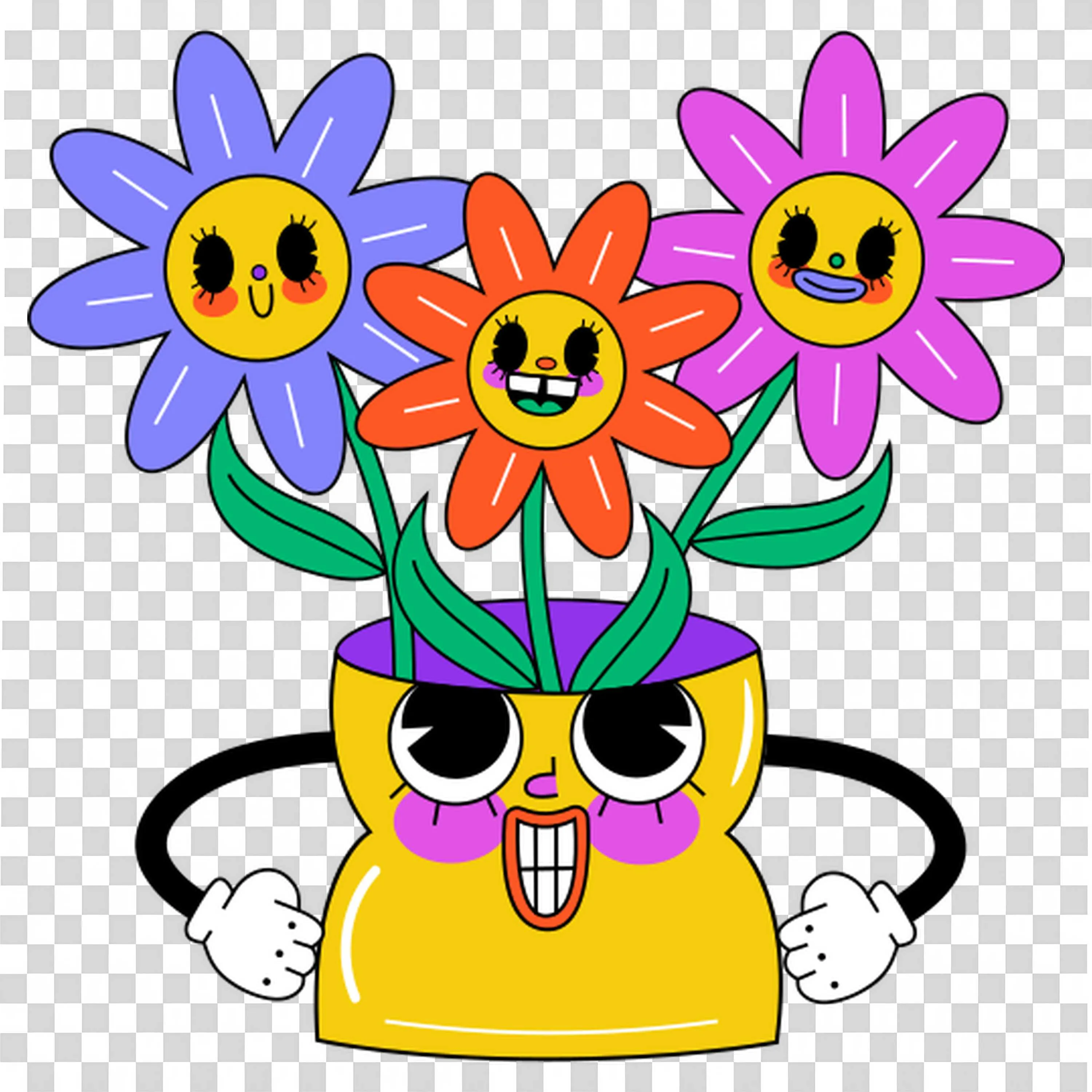 Smiling Colorful Flowers Growing from Yellow Vase PNG