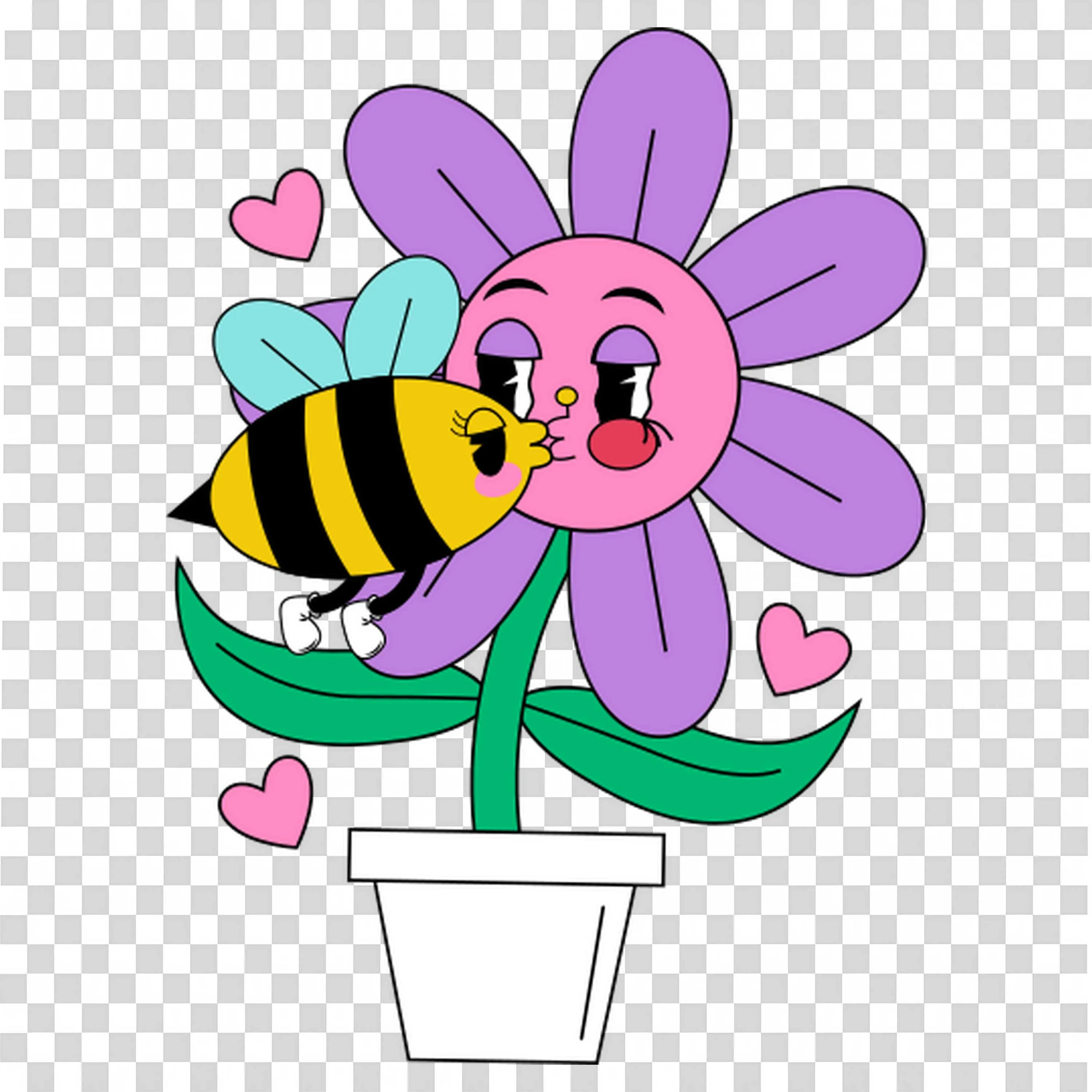 Smiling Flower with Bee and Pink Hearts Around Free PNG