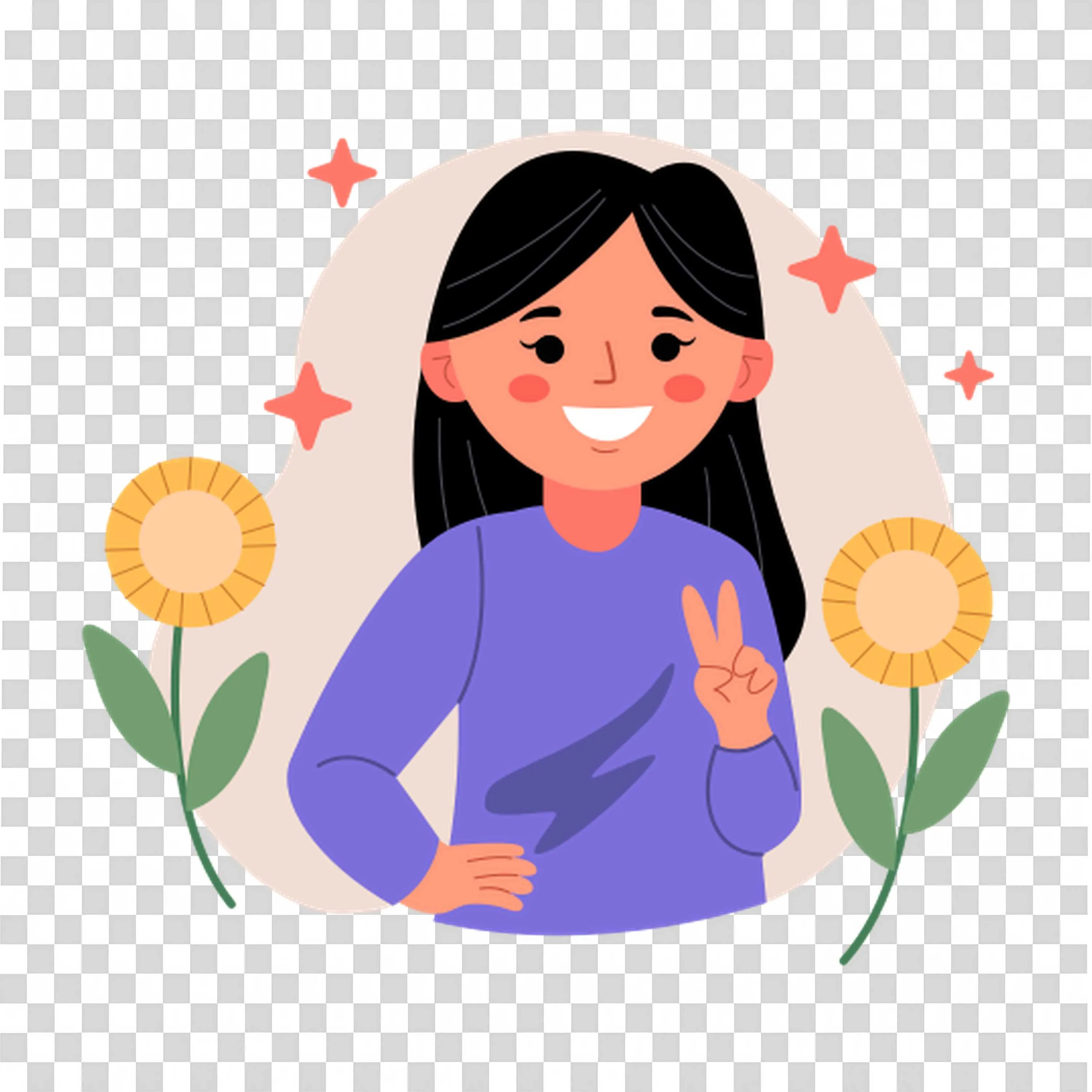 Smiling Girl Standing Between Two Tall Sunflowers PNG