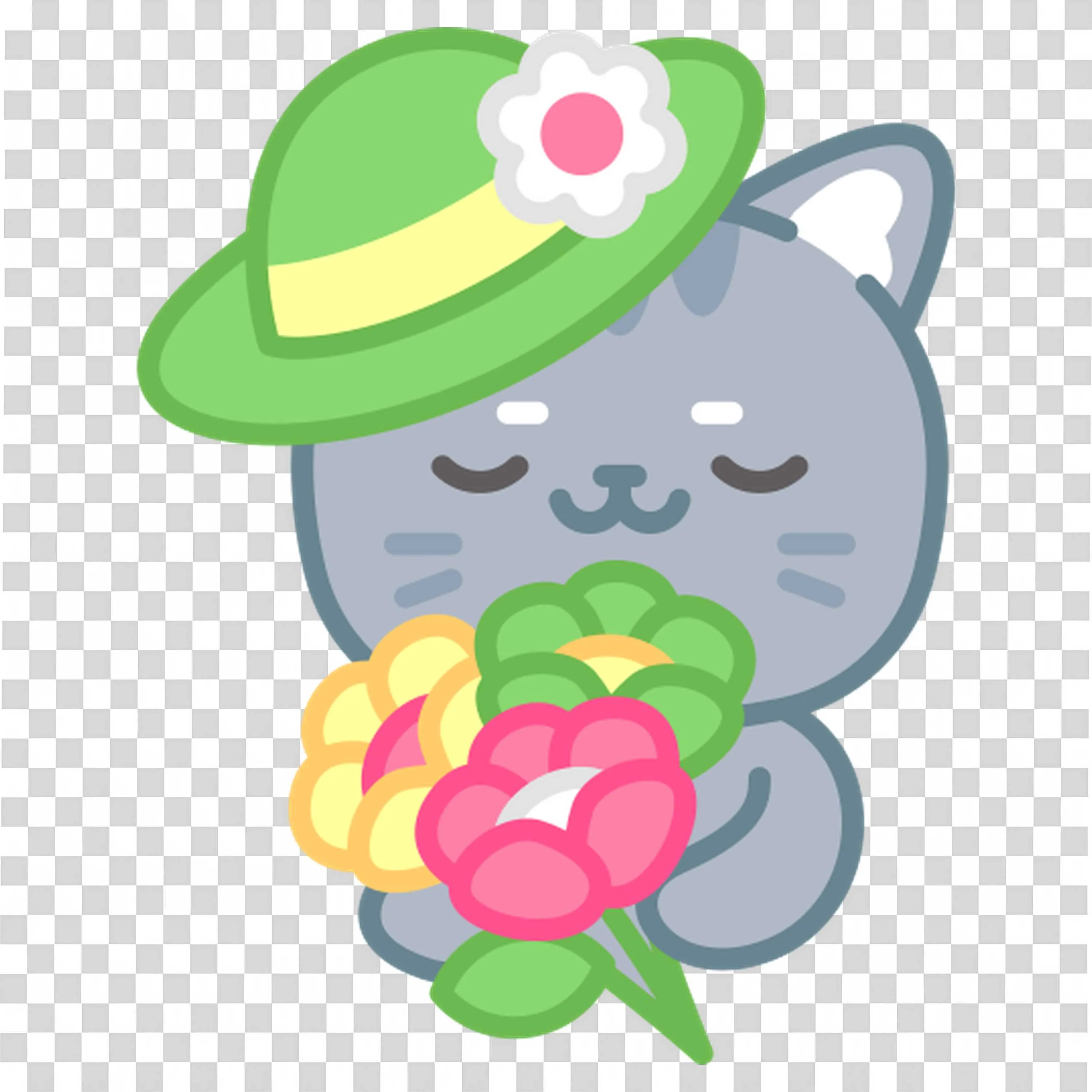 Smiling Gray Cat Wearing a Hat and Holding a Flower