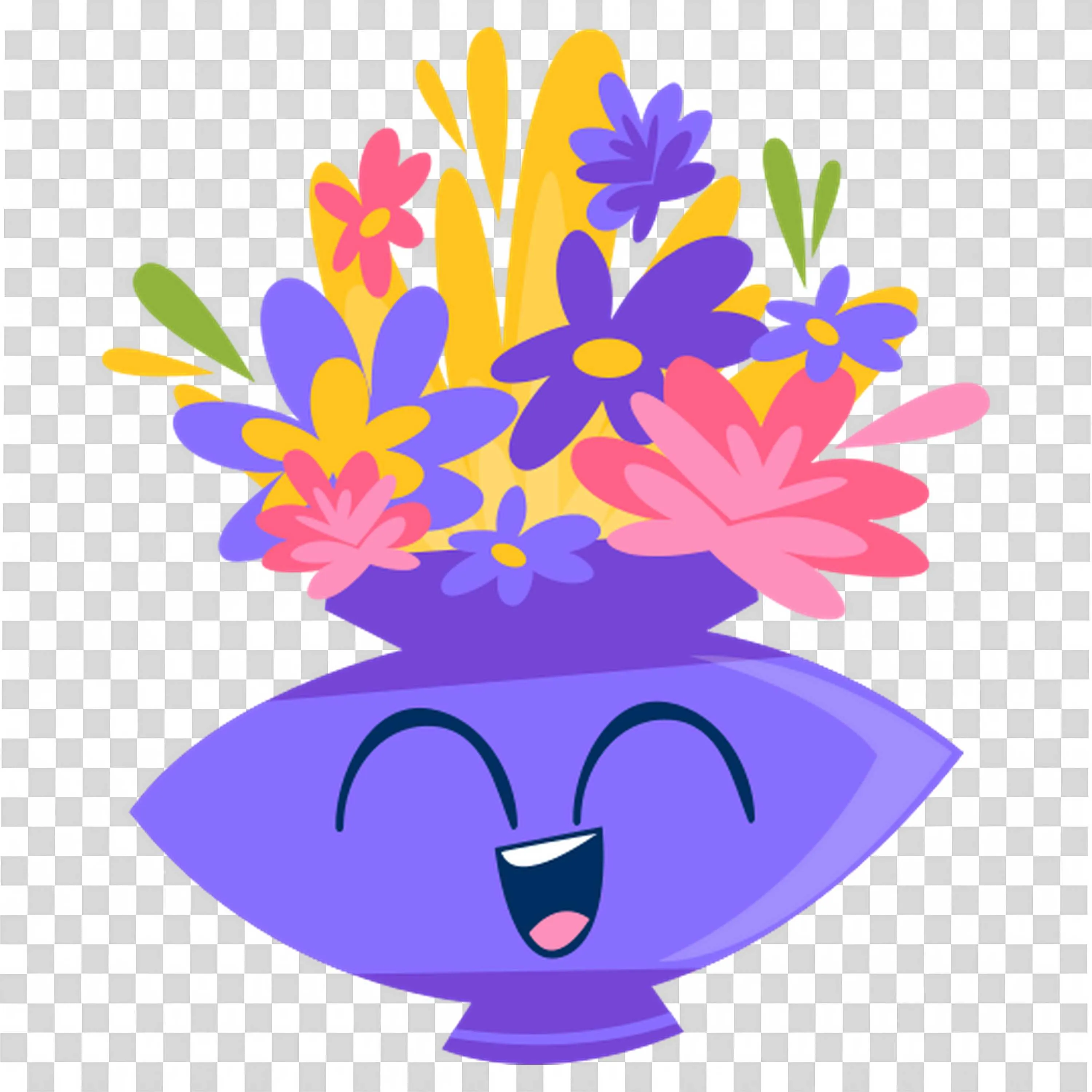Smiling Purple Vase Filled with Colorful Flowers PNG
