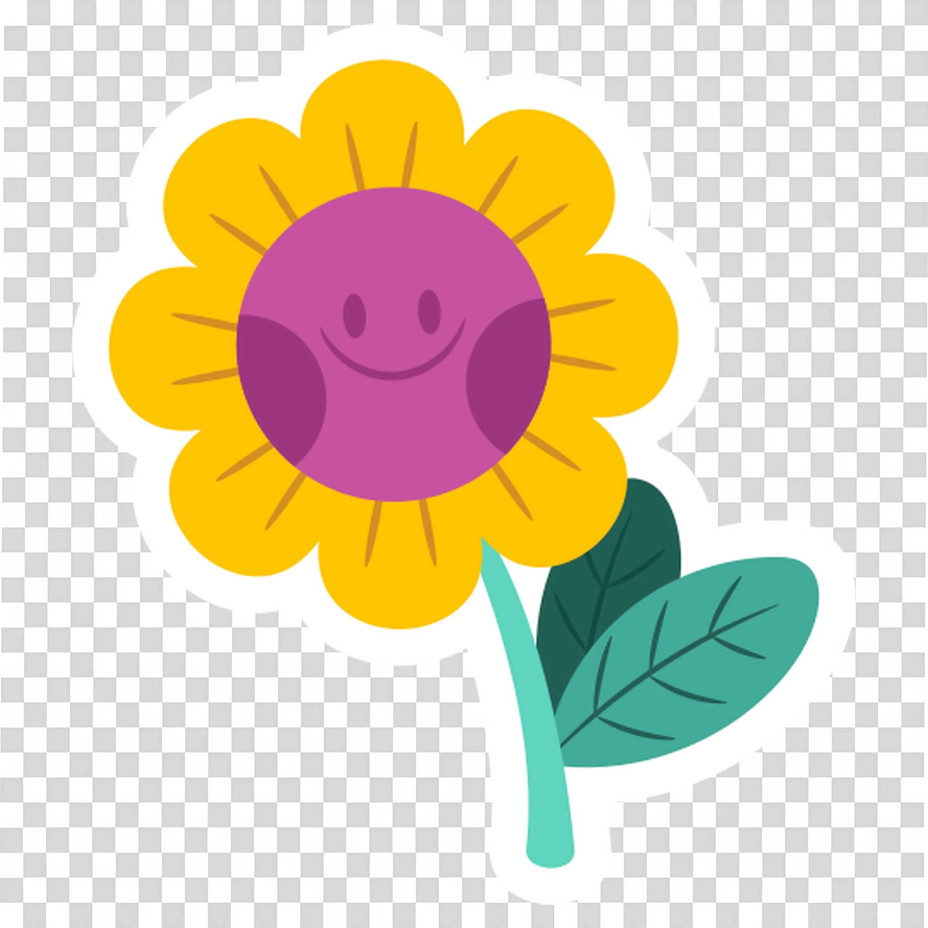 Smiling Sunflower with Happy Face and Green Leaf PNG