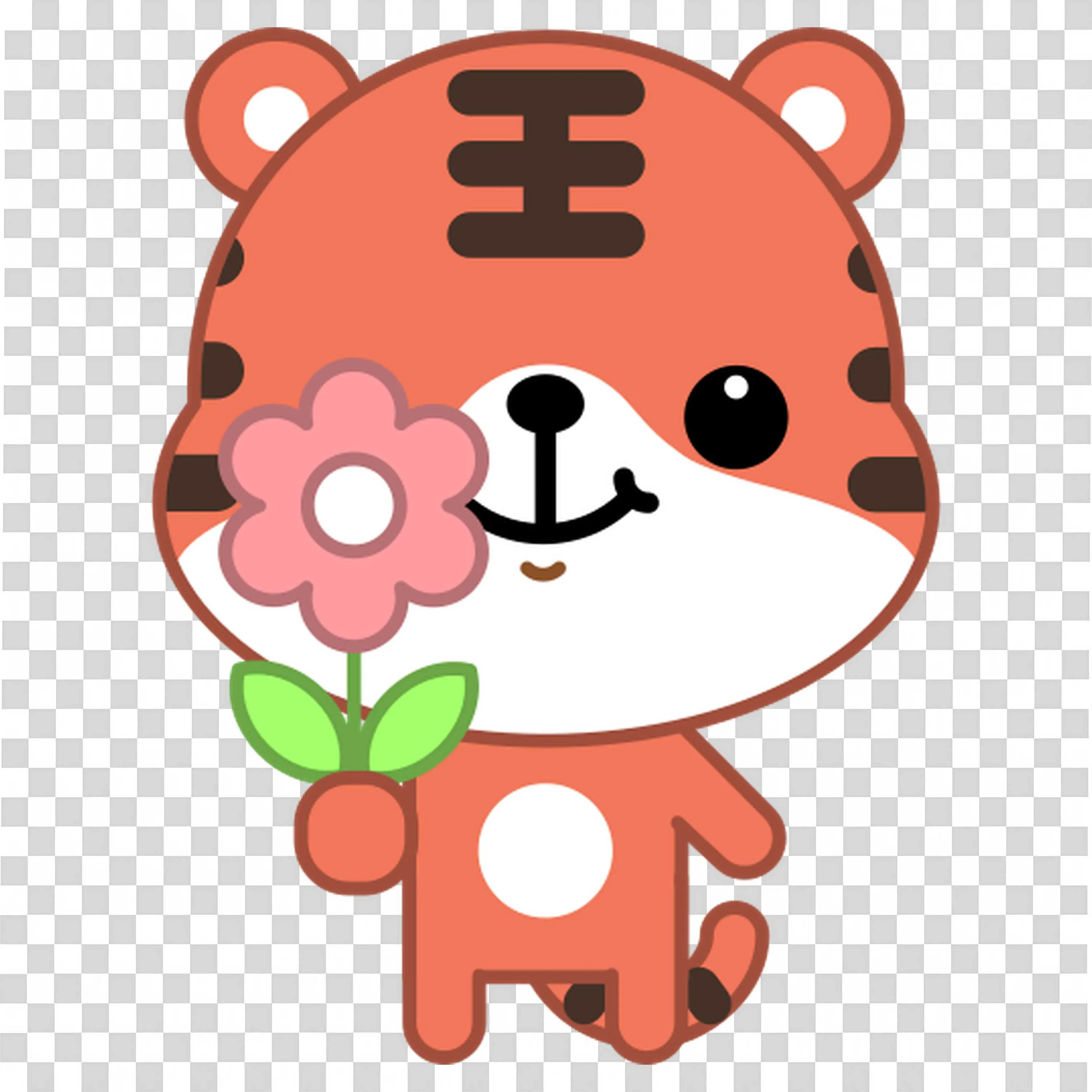 Smiling Tiger Holding a Pink Flower Near Its Face PNG