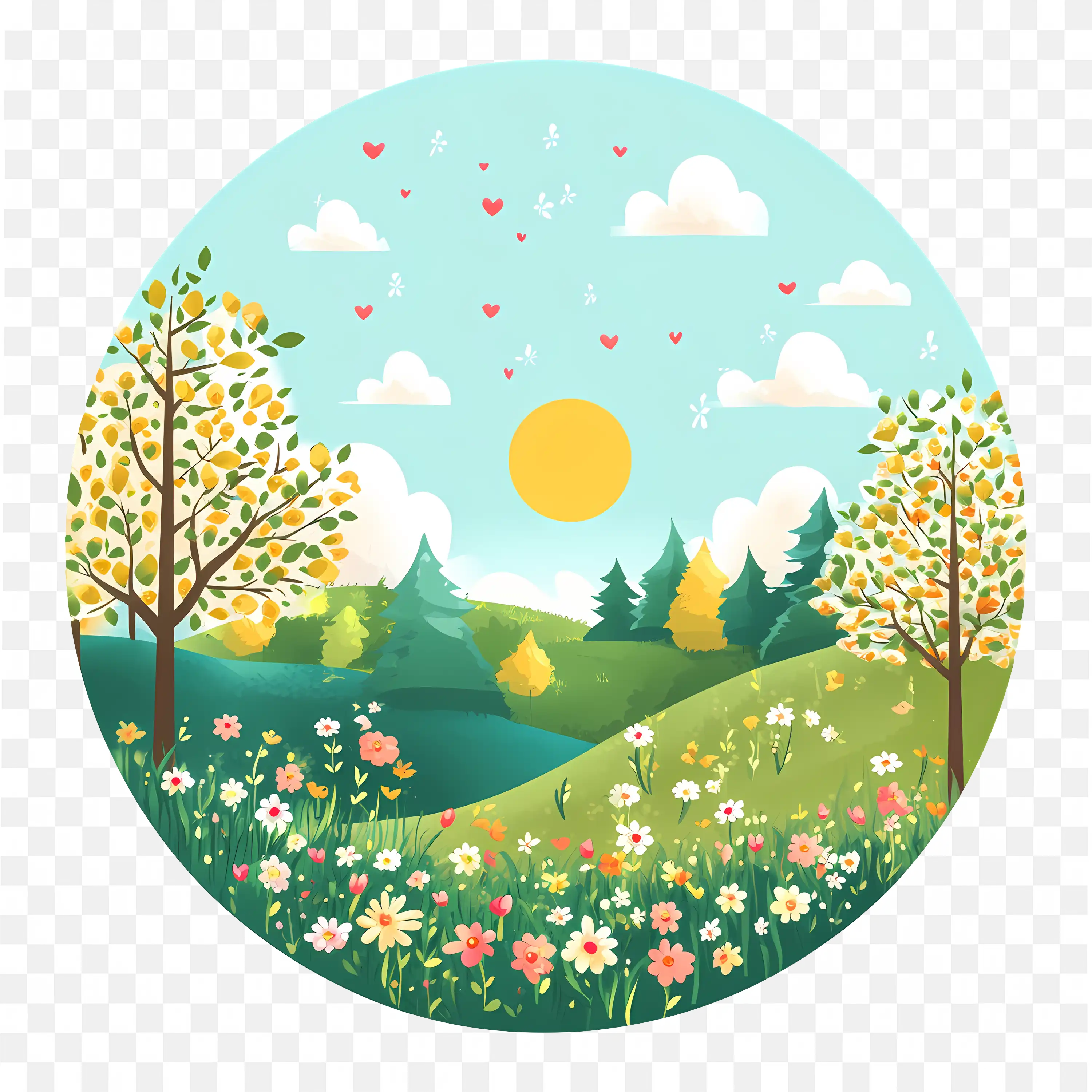 Spring Landscape PNG Green Field with Trees and Sun