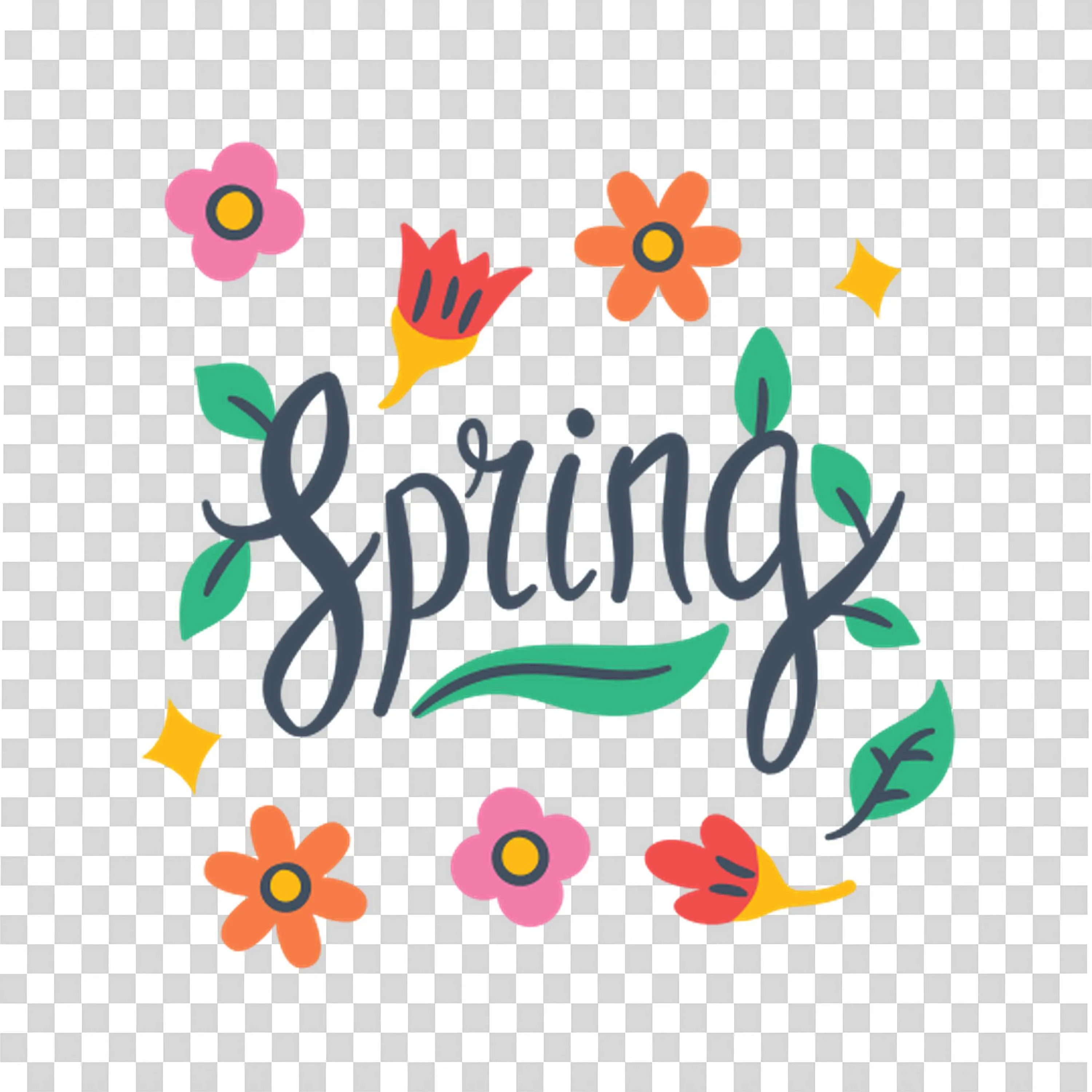 Spring Text with Pink Flowers and Green Leaves PNG