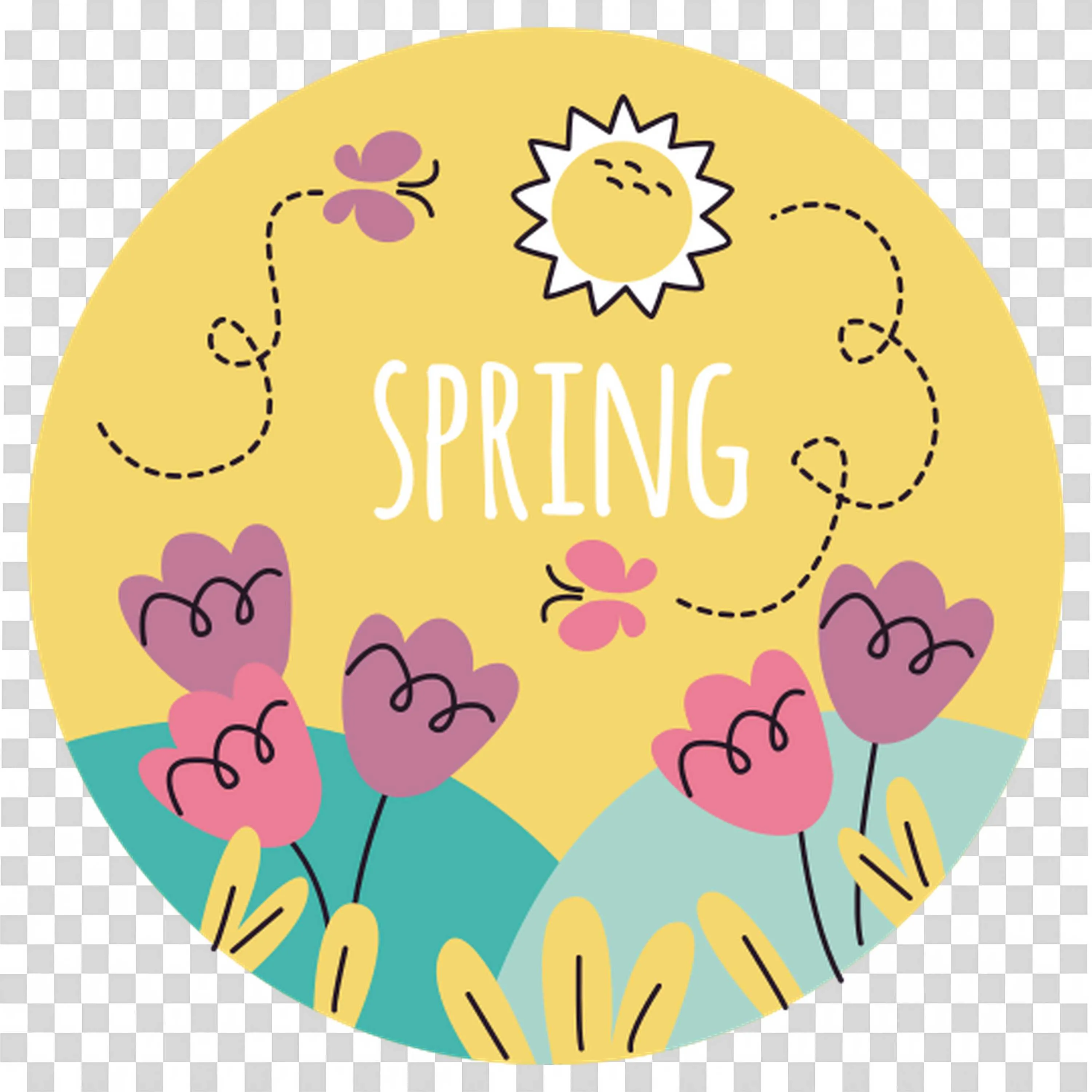 Spring Themed Art with Tulips and Sunny Yellow Sky PNG