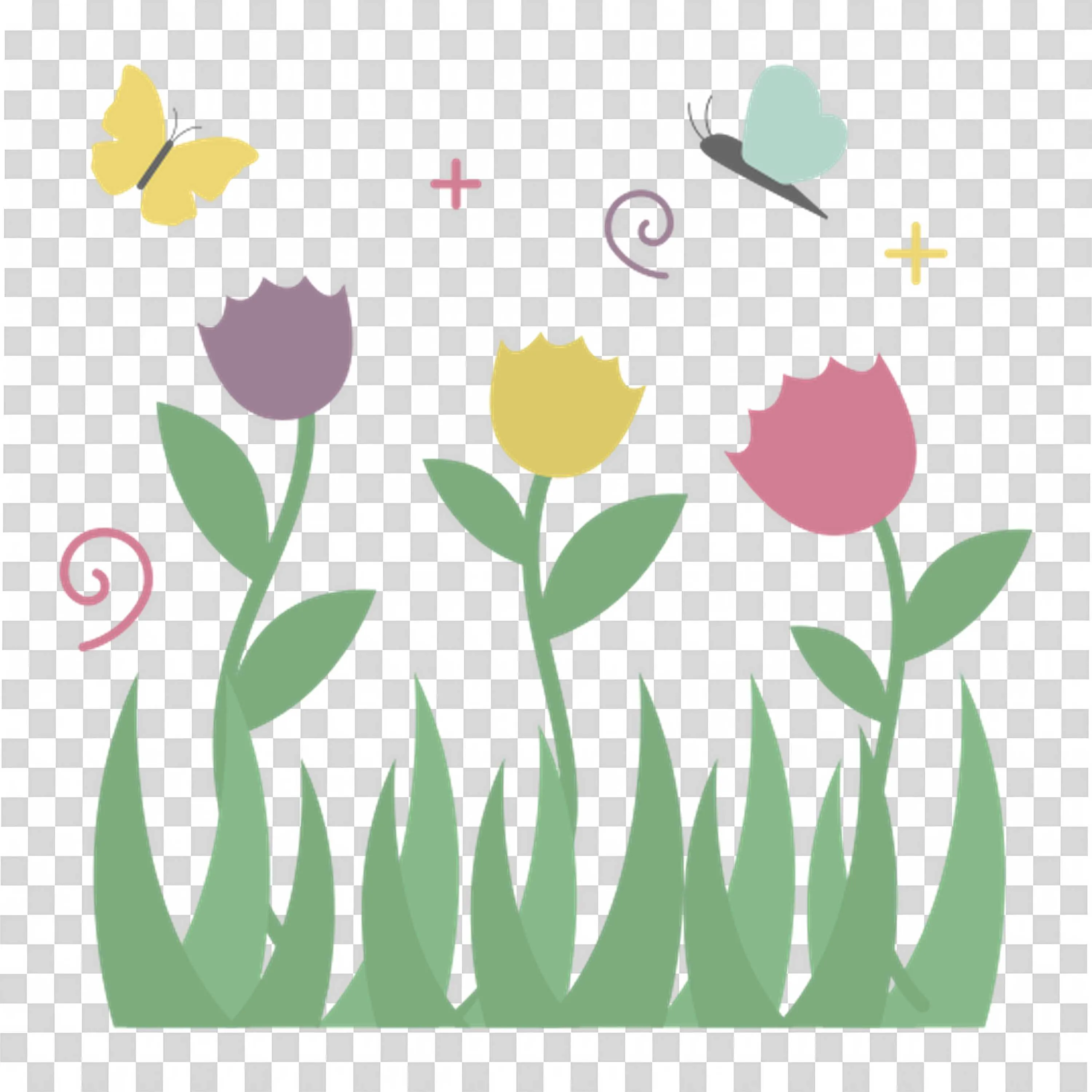 Spring Tulip Flowers with Butterflies in Soft Pastel Field PNG