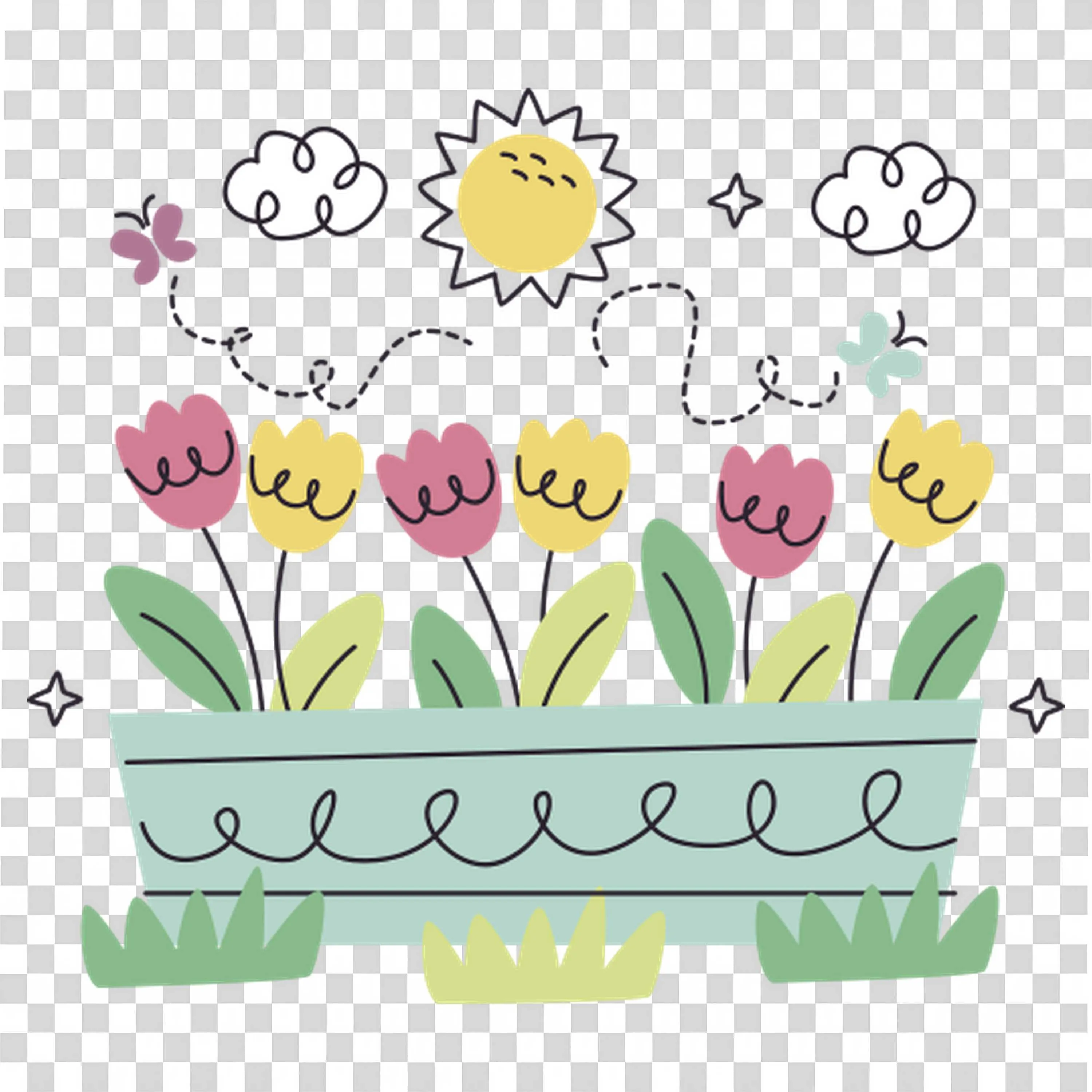 Spring Tulip Garden Growing in Pot with Clouds and Sun PNG
