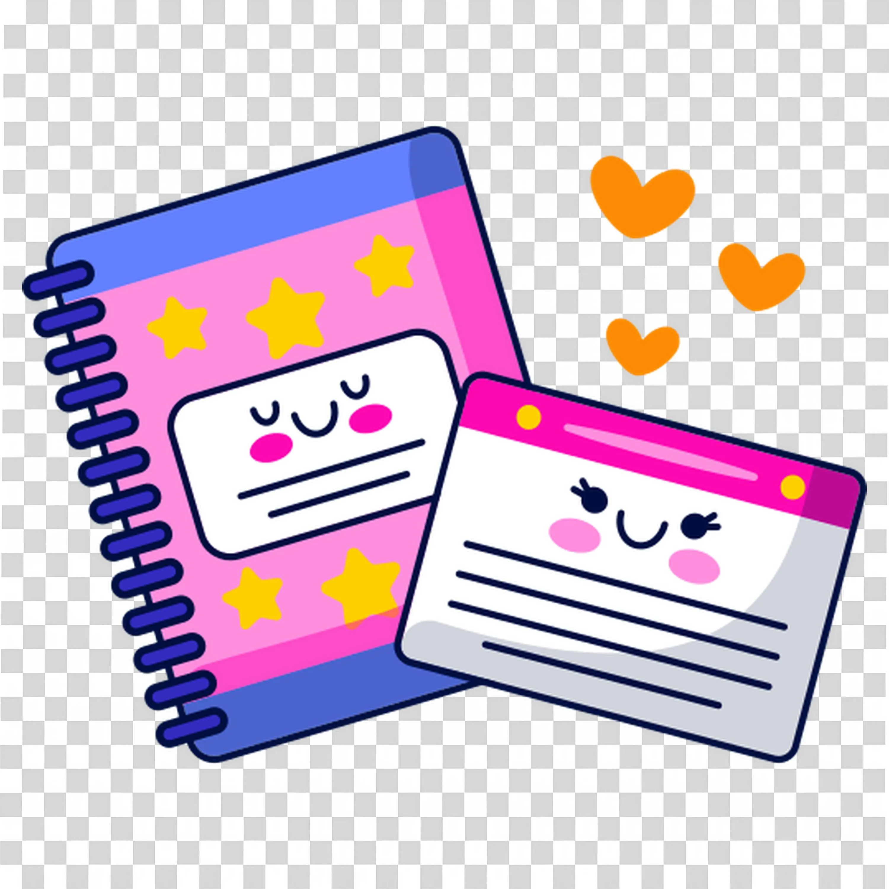 Stack of Notebooks and Pink Book with Cute Smiling Faces
