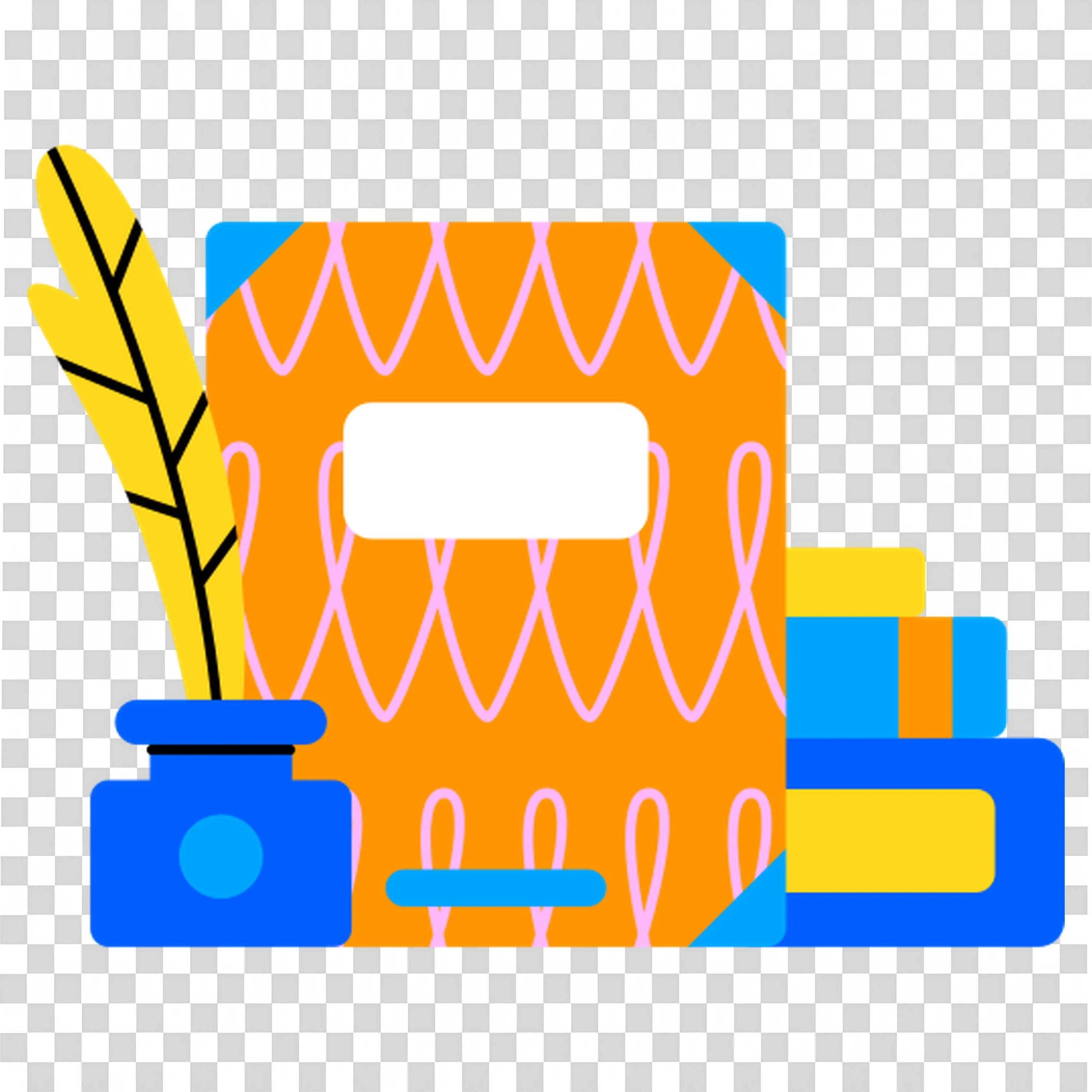 Stack of Orange Books and Blue Pencil Holder with Ruler