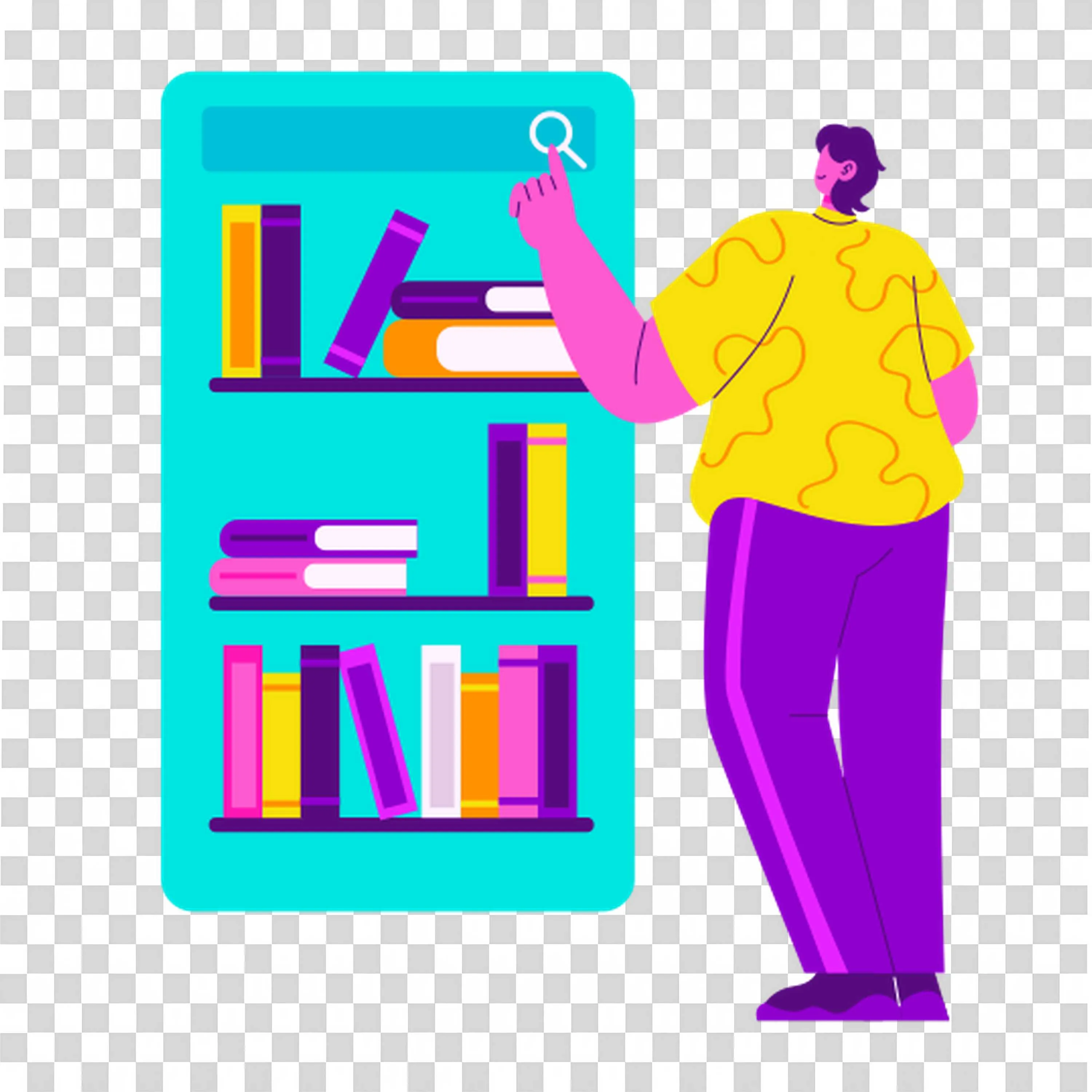 Student Standing Beside Bookshelf with Colorful Books