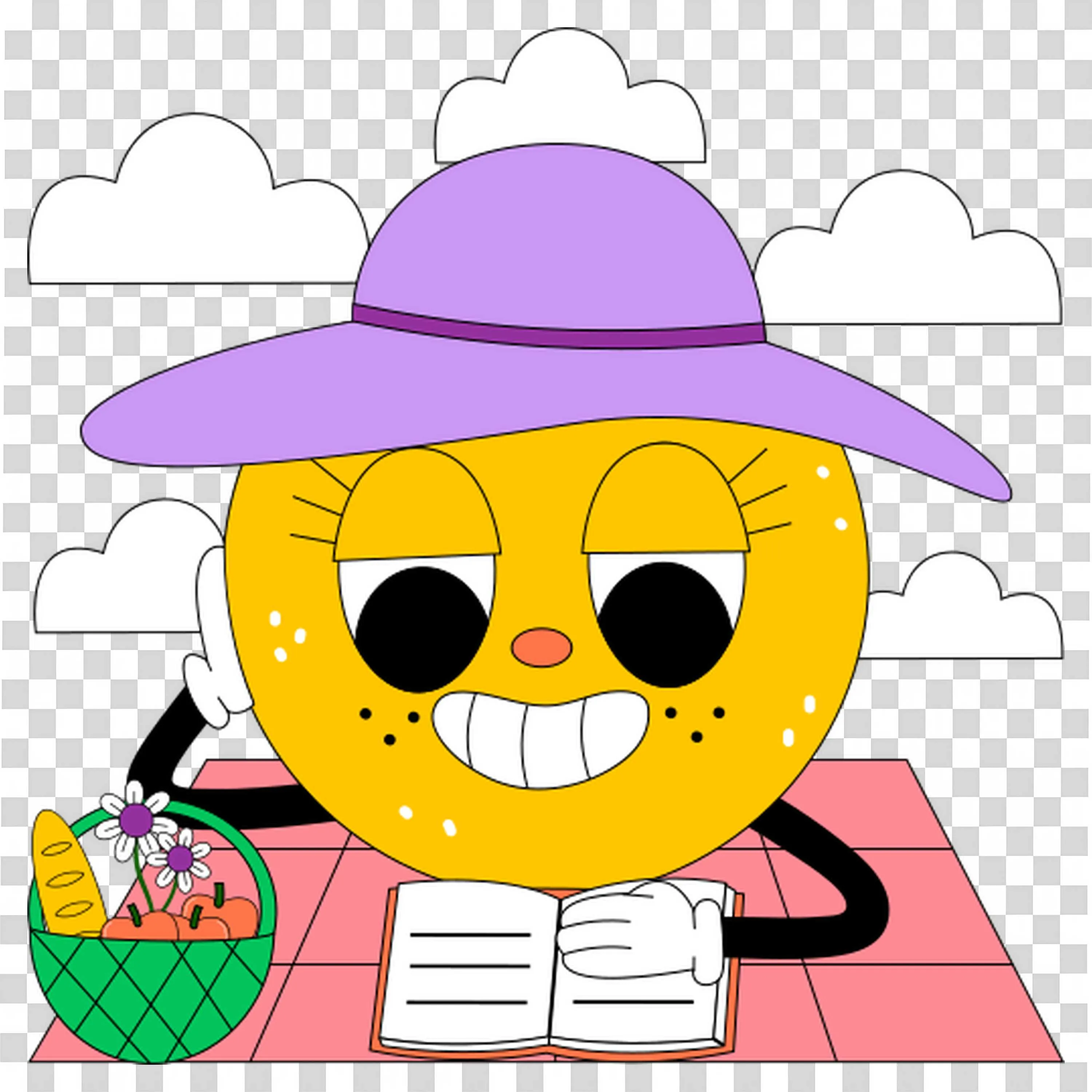 Sunflower Character Wearing a Purple Hat Reading a Book PNG