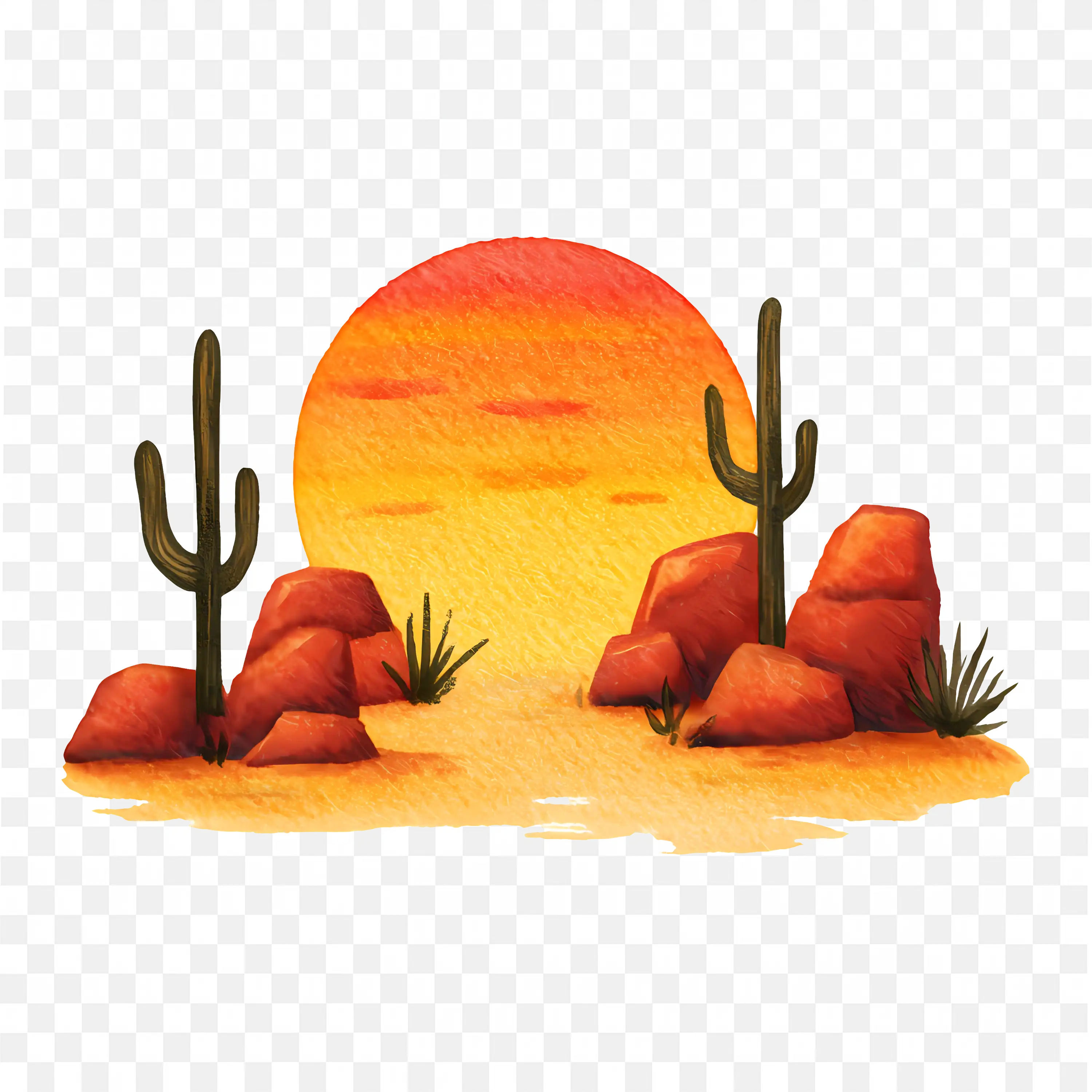 Sunset PNG Cactus Silhouette in Desert with Orange Sky