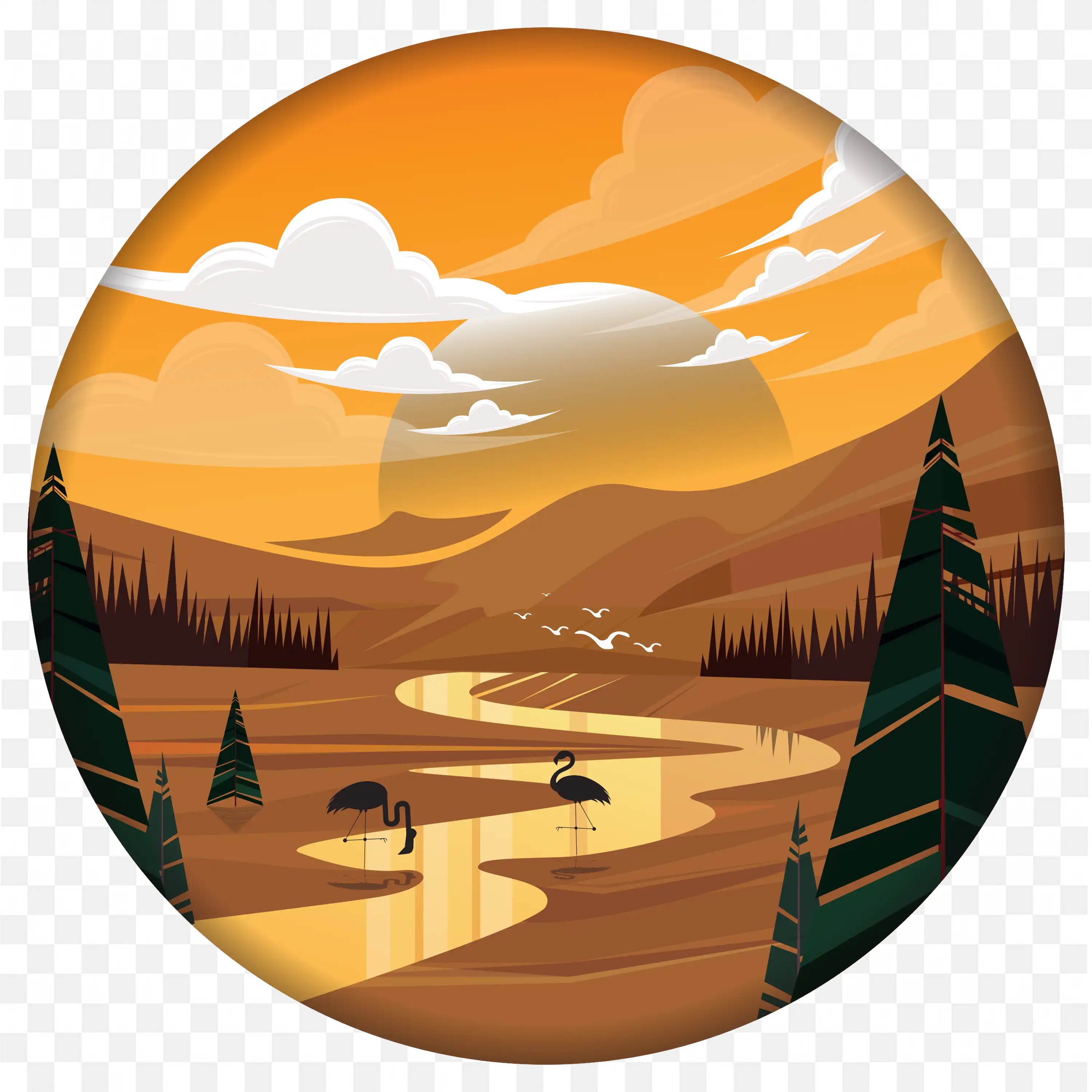 Sunset Forest Landscape in Circle Frame PNG Design