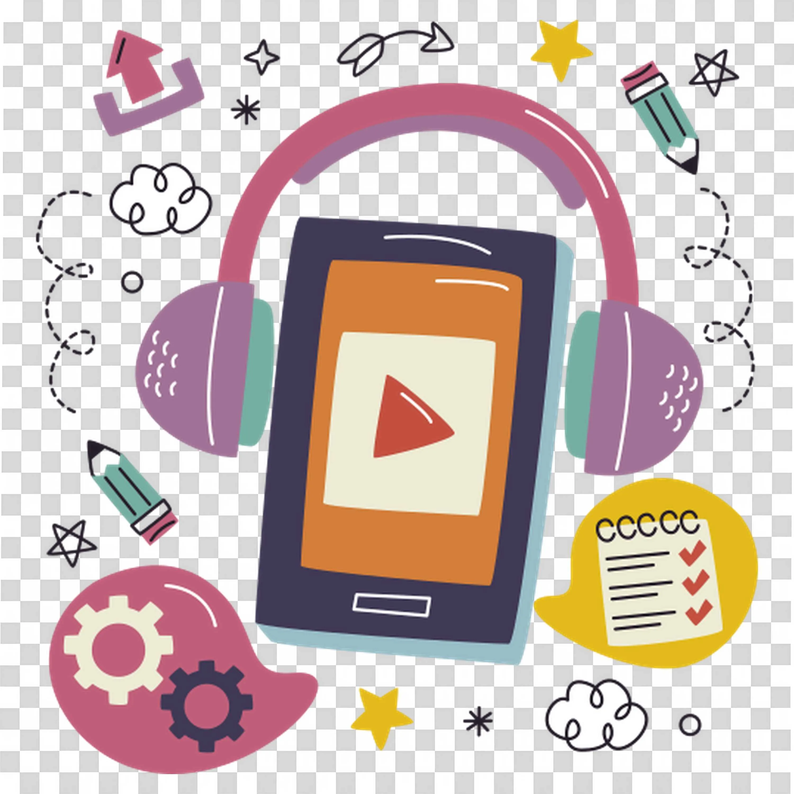 Tablet Screen with Play Button and Multiple Learning Icons