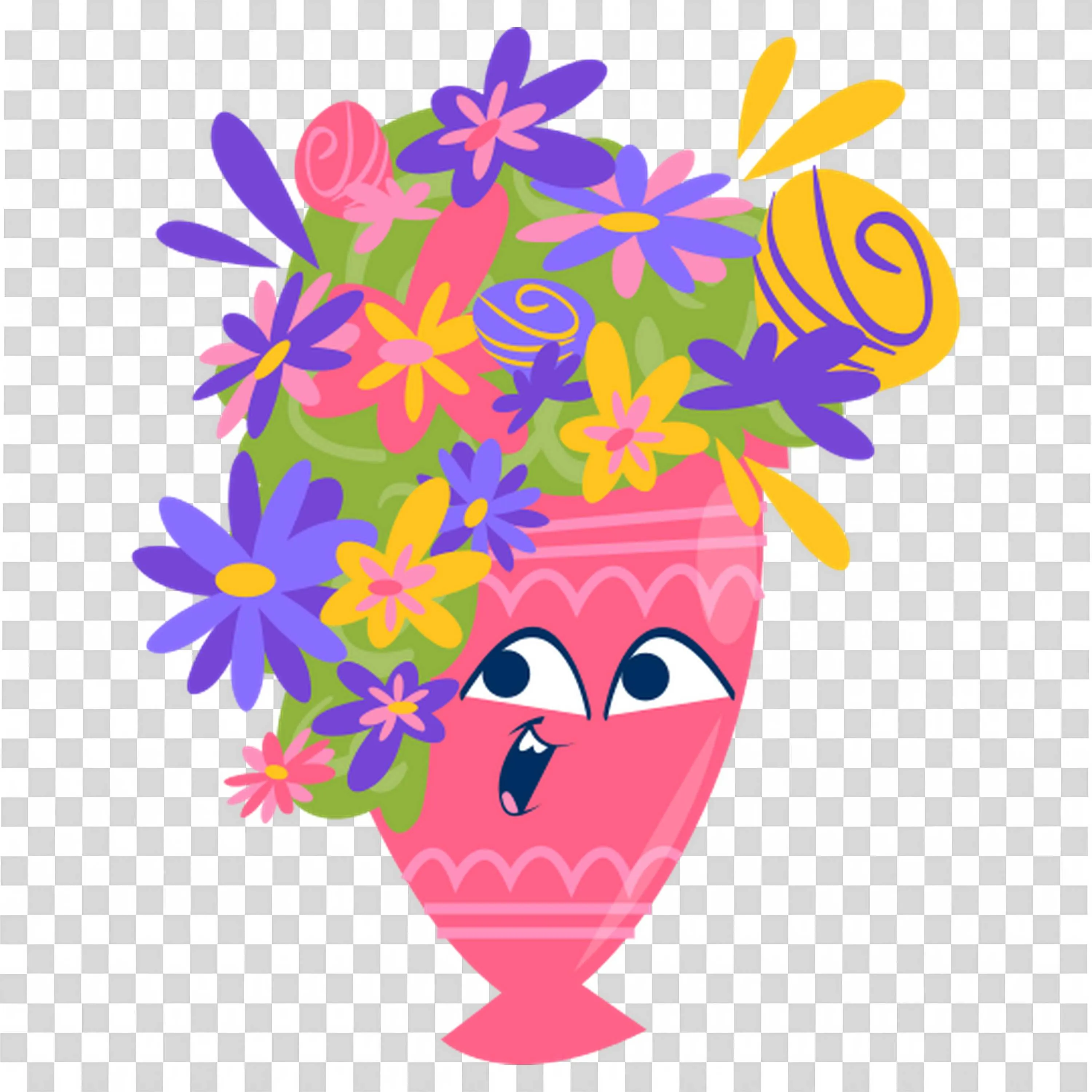 Tall Pink Vase Filled with Bright Cartoon Flowers PNG