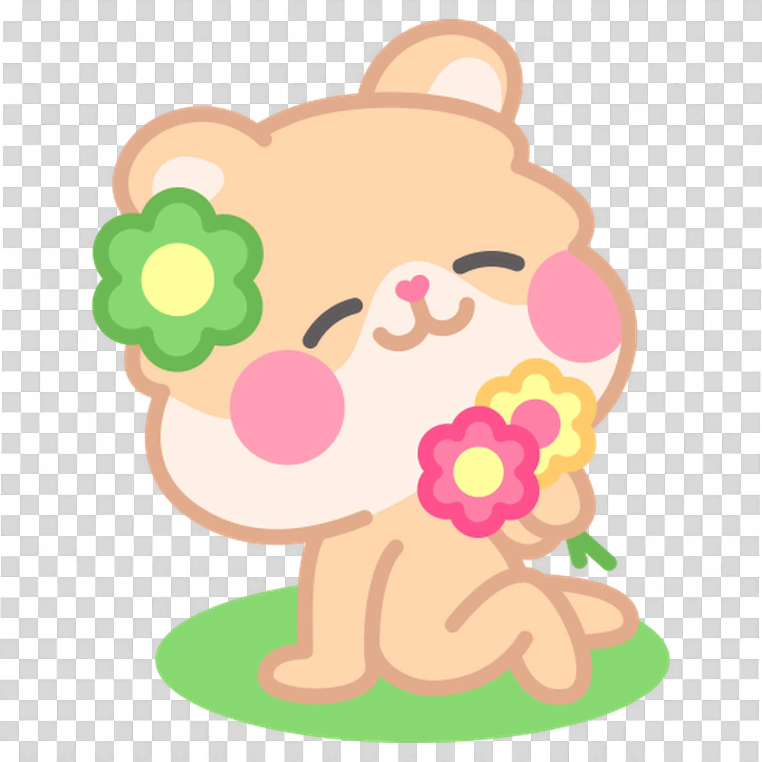 Tan Bear Holding a Green and Pink Flower with Joy PNG