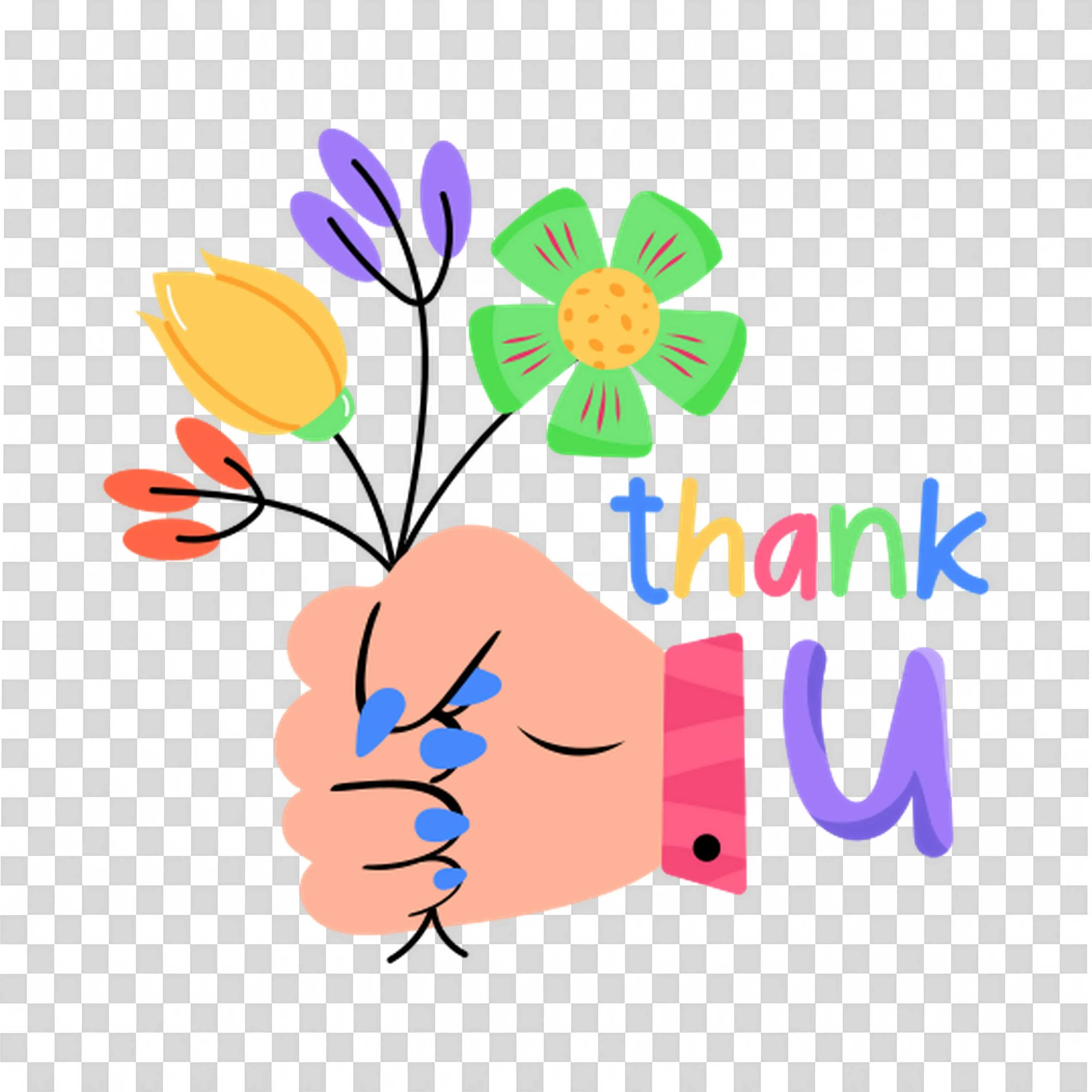 Thank You Message with Colorful Flowers Held By a Hand PNG