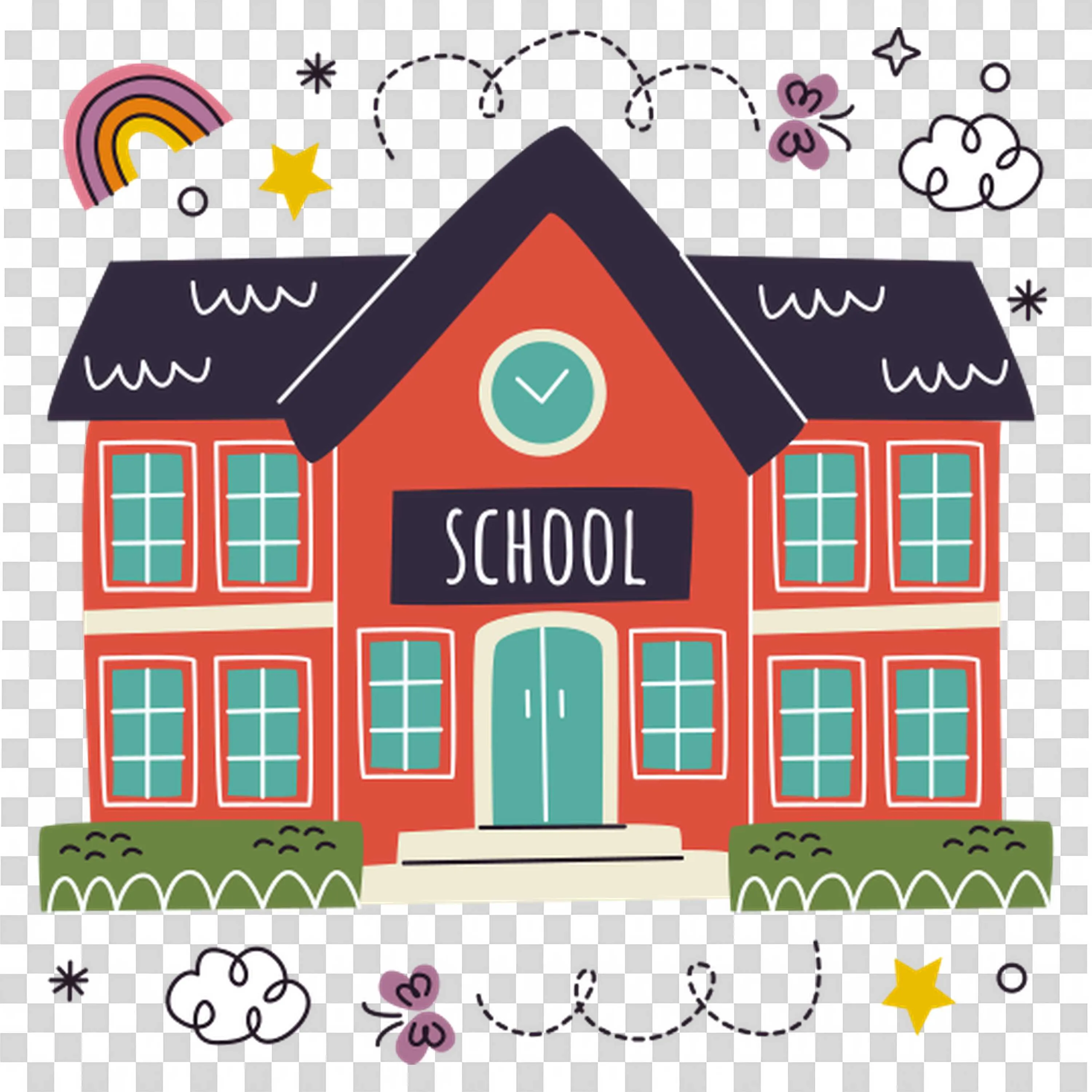 Traditional School Building with Flag and Windows Visible