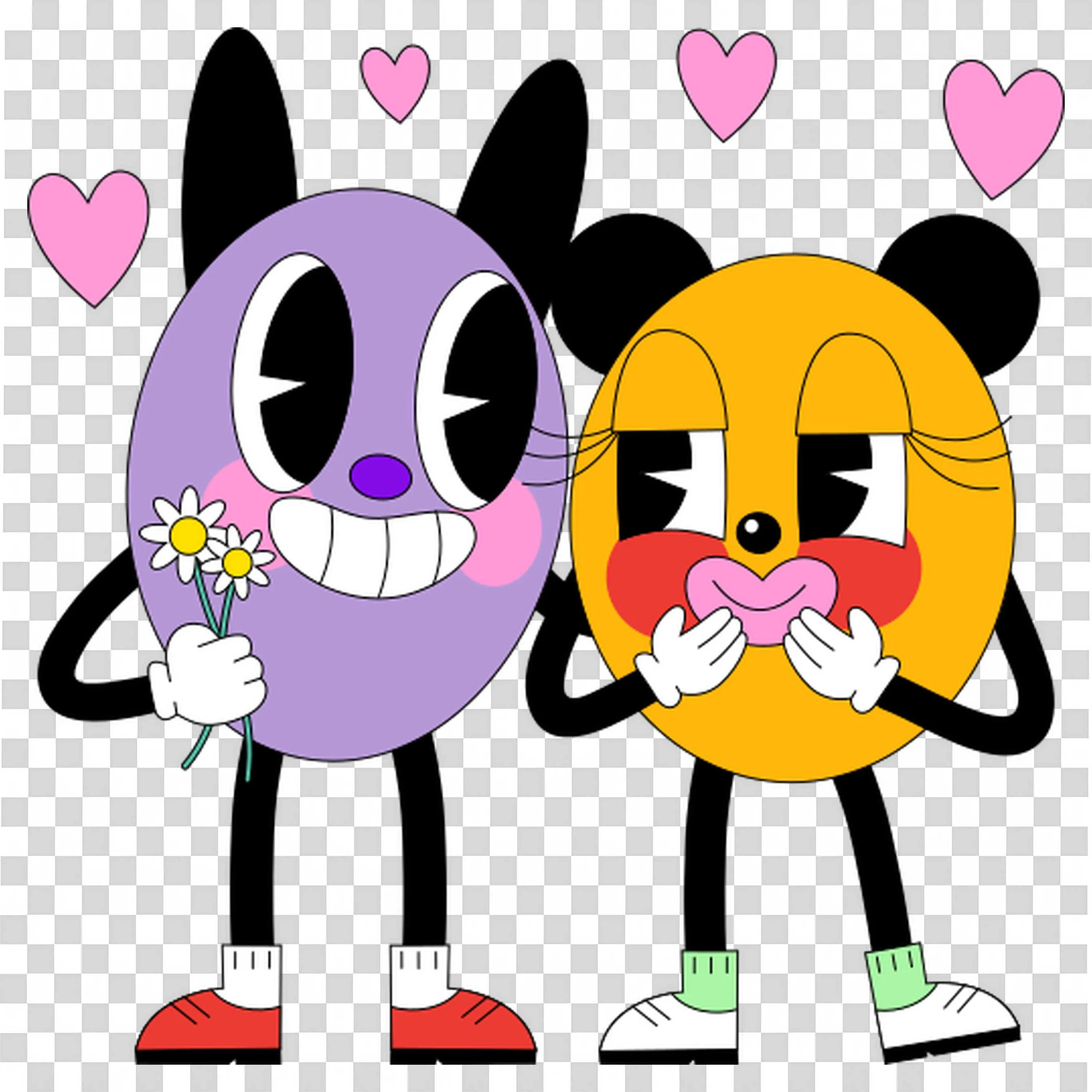 Two Characters Holding Flowers and Smiling Together