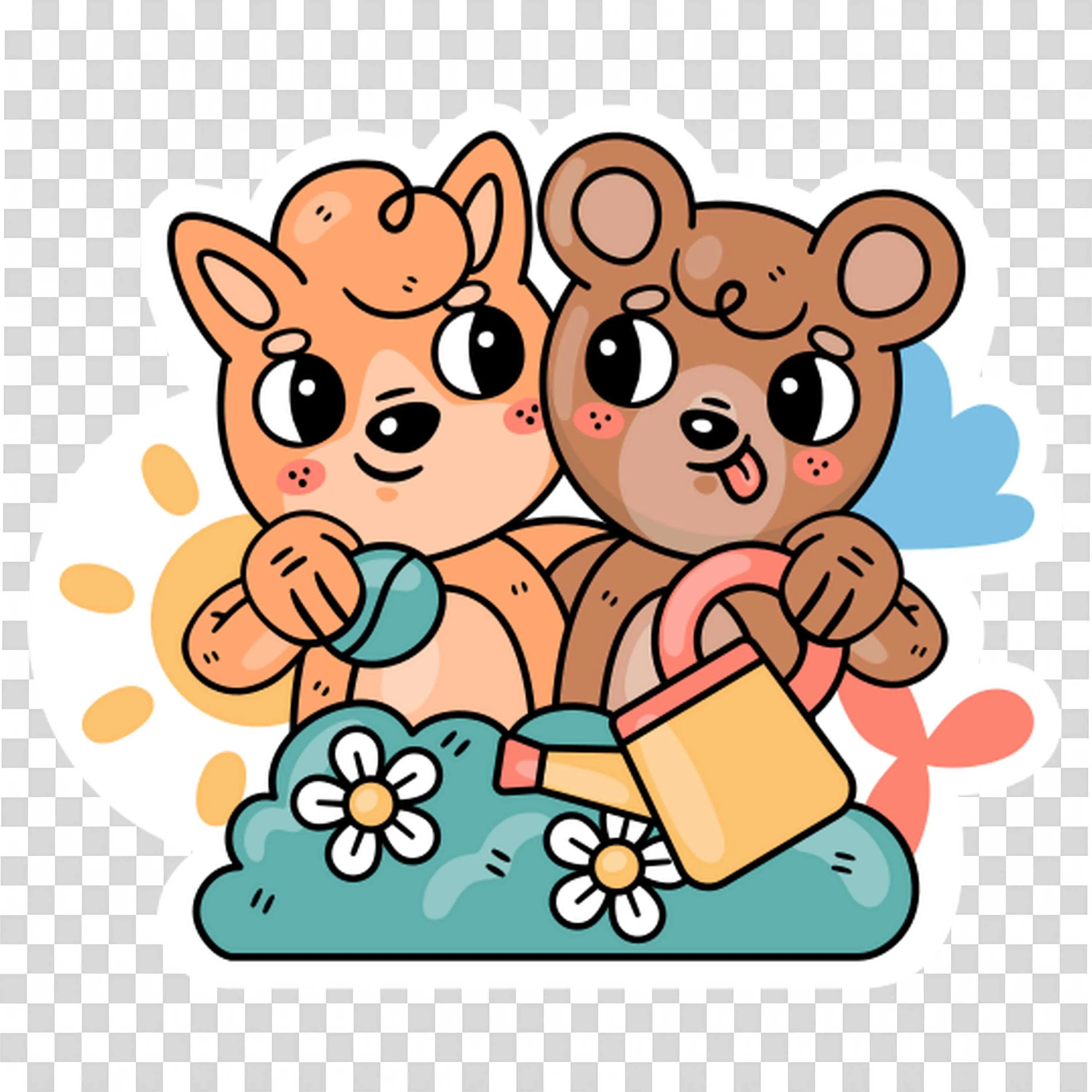 Two Cute Bears Hugging Among Blue Flowers and Hearts