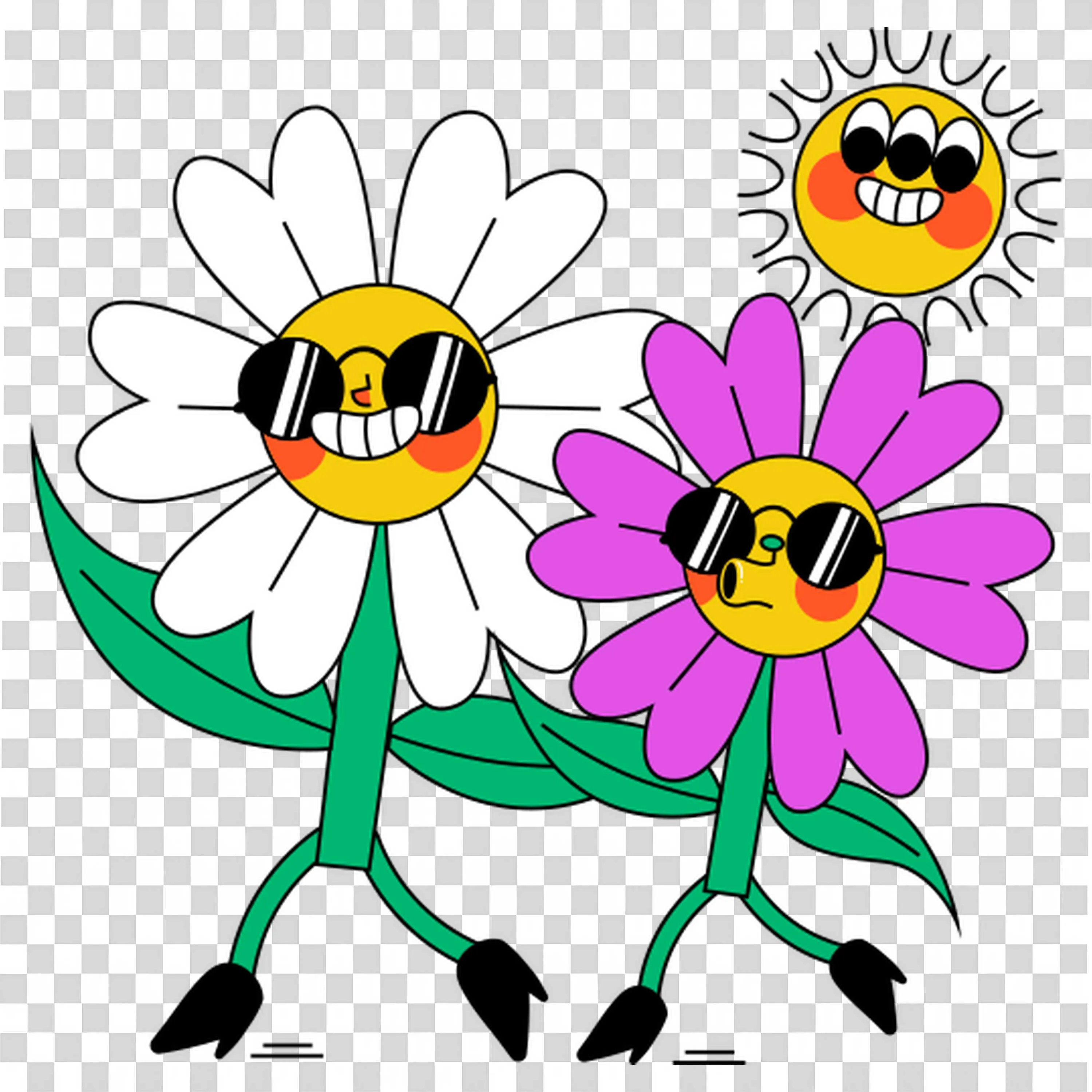 Two Dancing Flowers with Sunglasses and Smiles PNG
