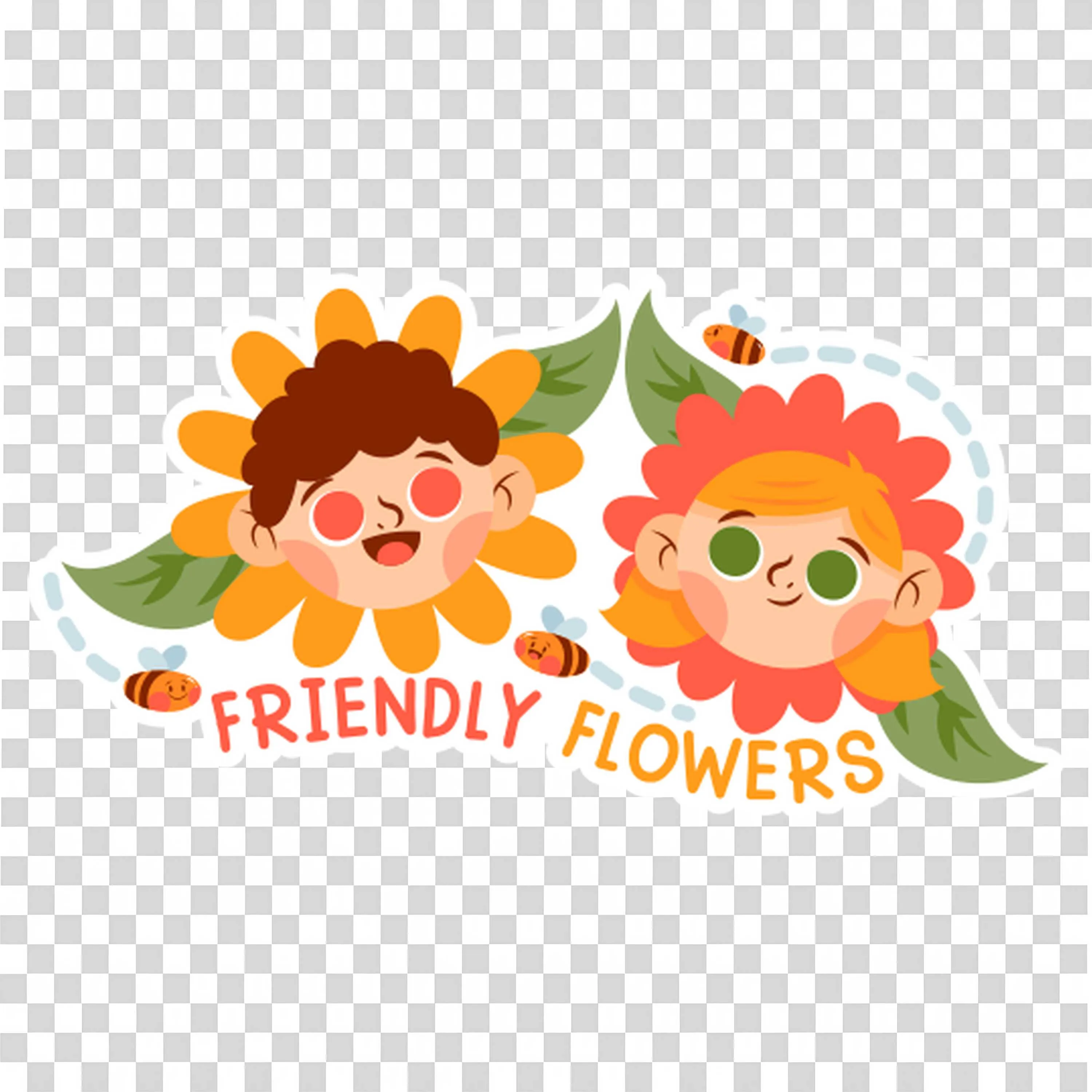 Two Friendly Cartoon Flowers with Happy Human Faces