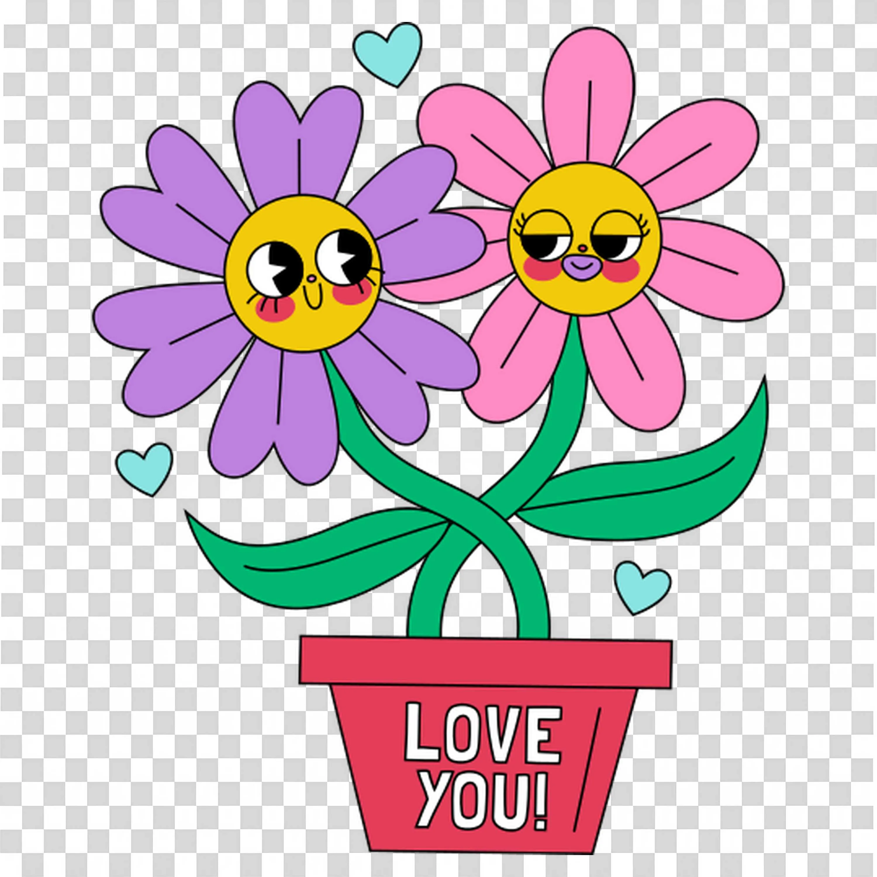 Two Happy Flowers in Pot with Love You Text Free PNG