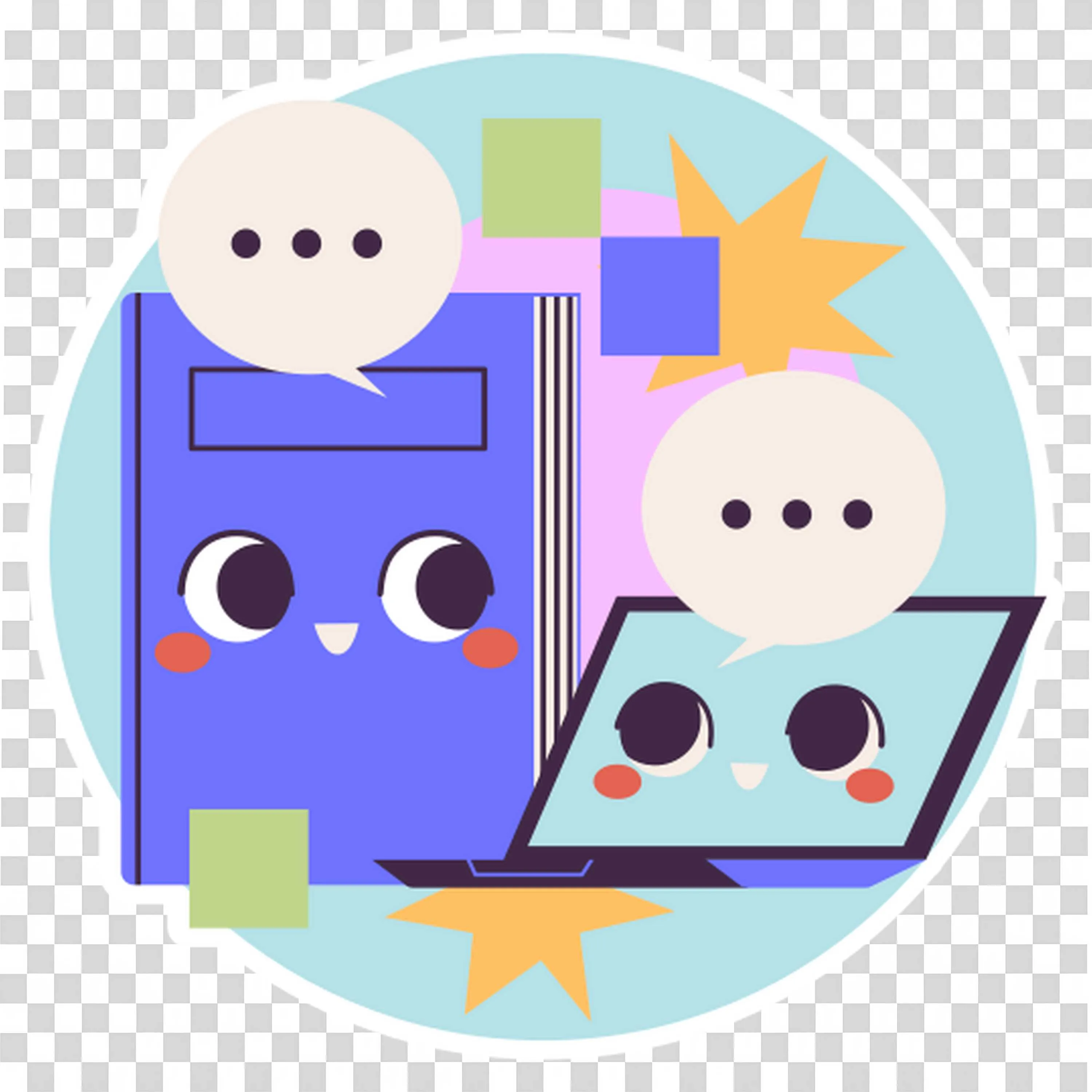 Two Speech Bubbles Above Book and Animal Face Conversation