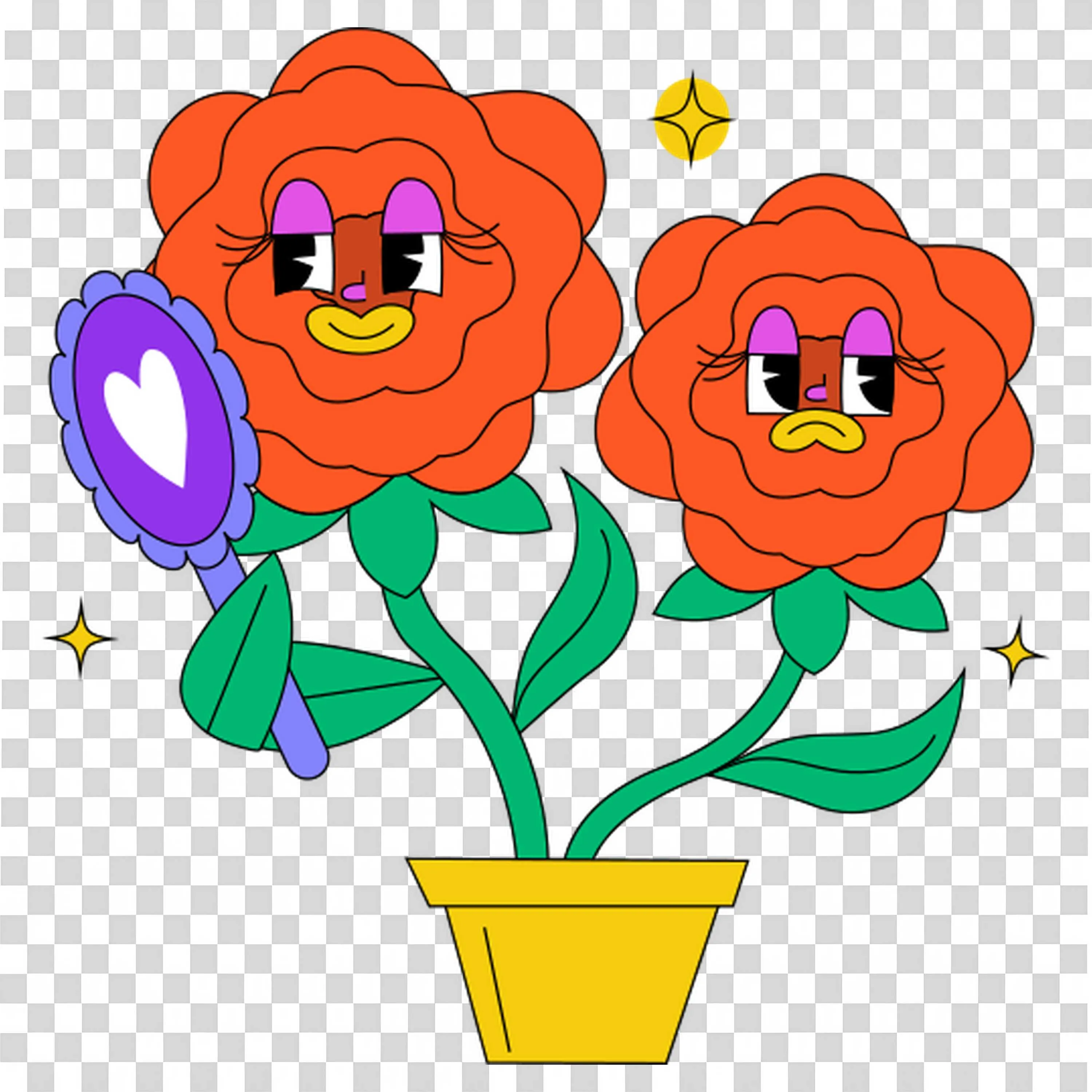Two Talking Flowers in a Yellow Pot with Big Smiles PNG
