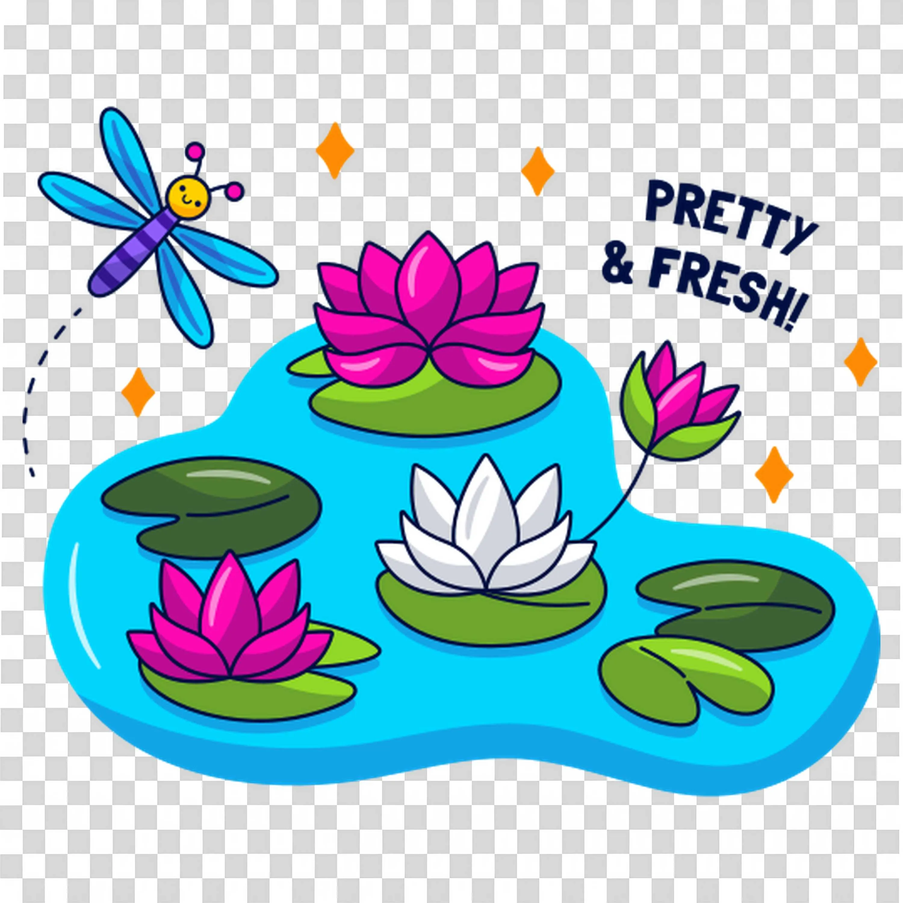 Water Lilies and Lotus in Pond with Pretty and Fresh Sign