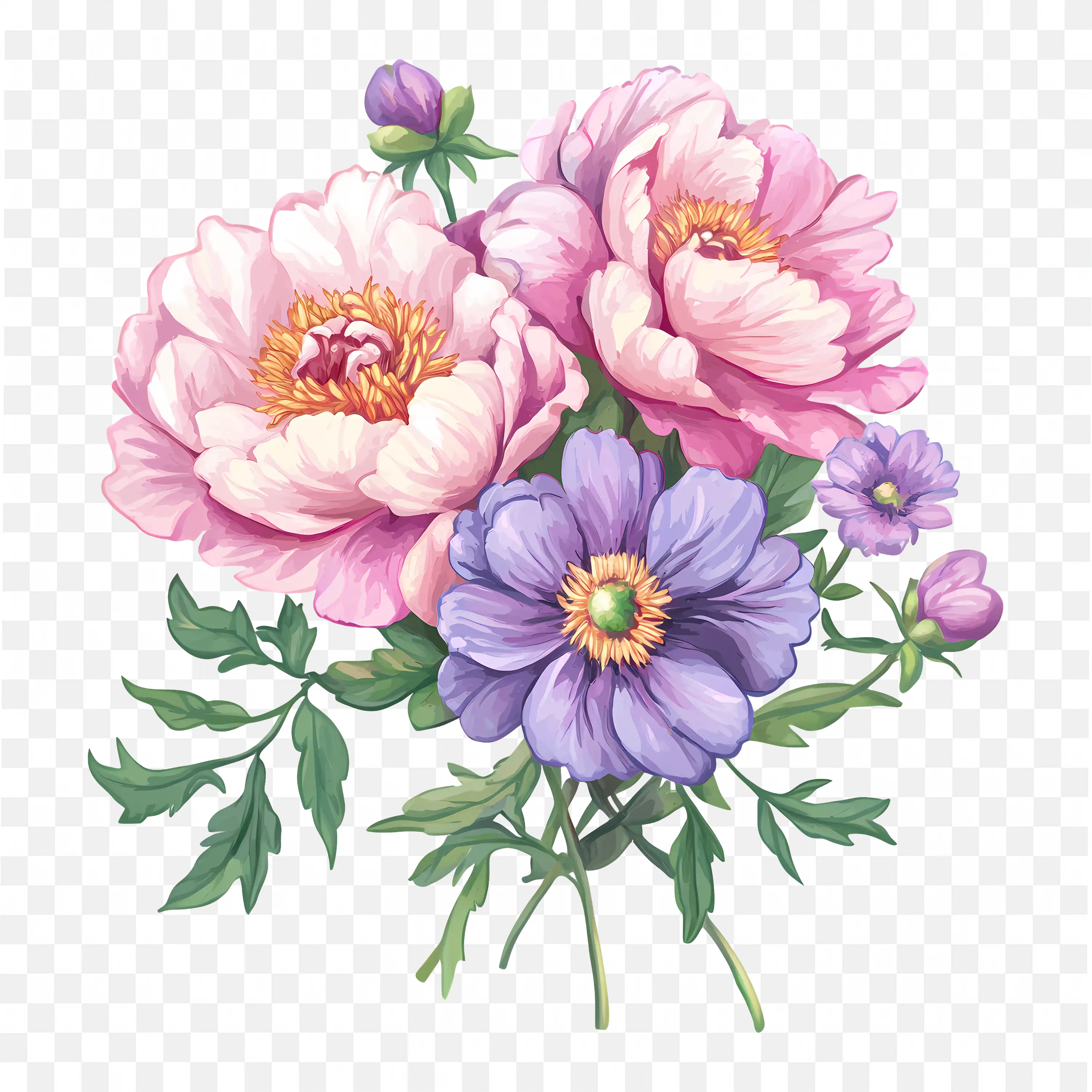 Watercolor Flower Arrangement Pastel Pink and Purple Art