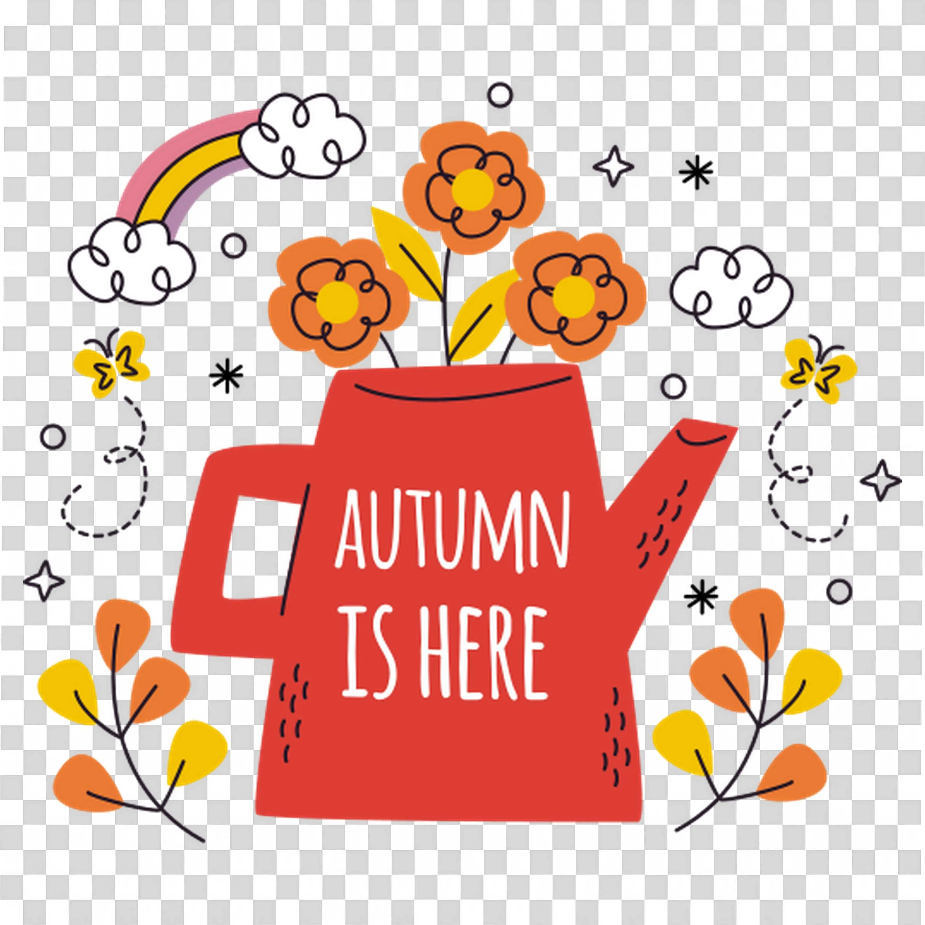 Watering Can with Autumn Is Here Flower Design PNGDownload