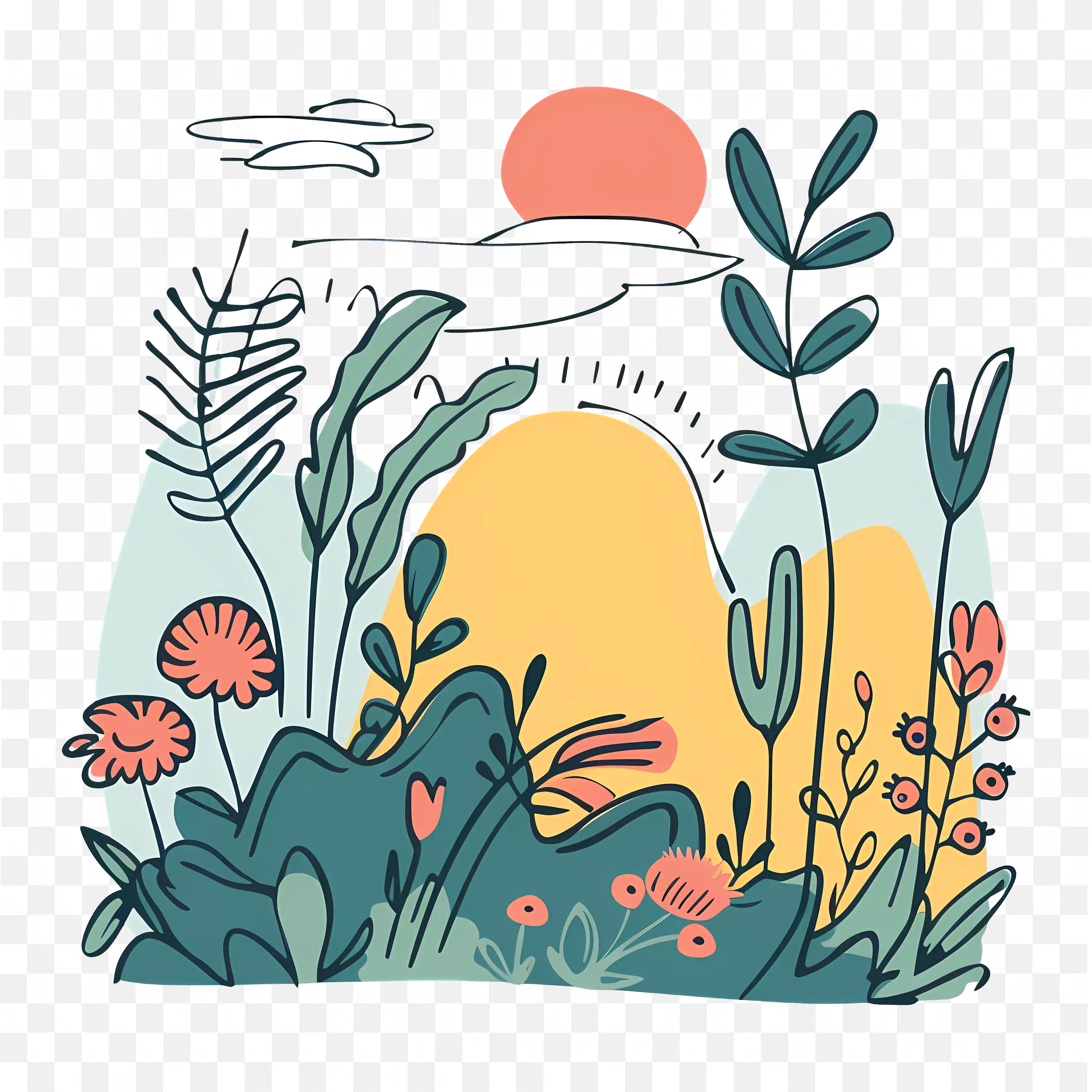 Whimsical Forest Nature Clip Art PNG Plants Trees Sun Art